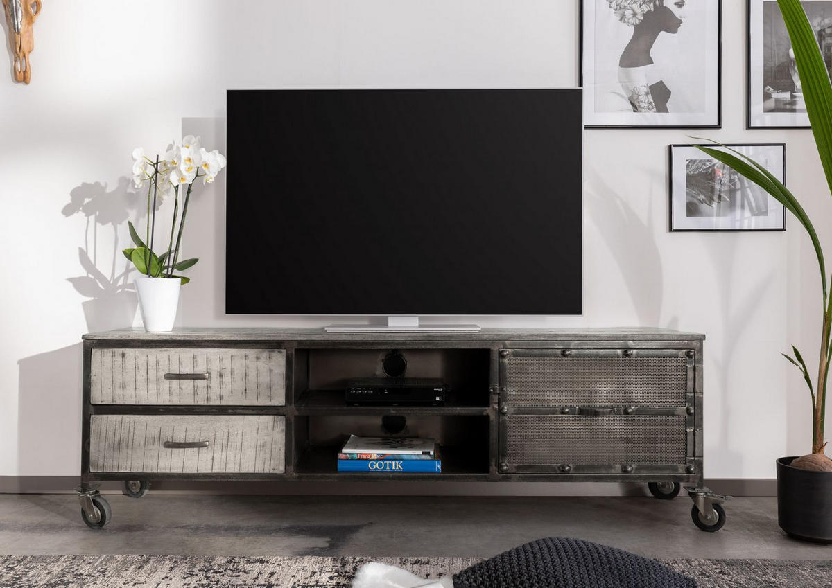 TV-BOARD Mango 190x40x60 grau lackiert HEAVY INDUSTRY #131 - Grau, Holz (190/60/40cm) - Massivmoebel24