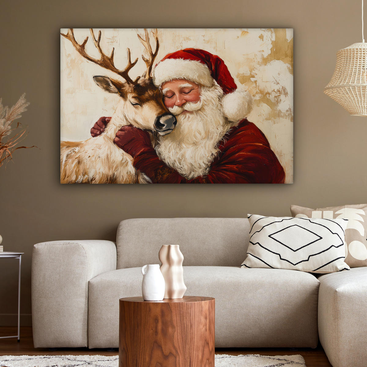 LEINWANDBILD Weihnachtsmann - Rentier - Weihnachten Groß 140x90 cm - Rotbraun, Textil (140/90cm) - MuchoWow
