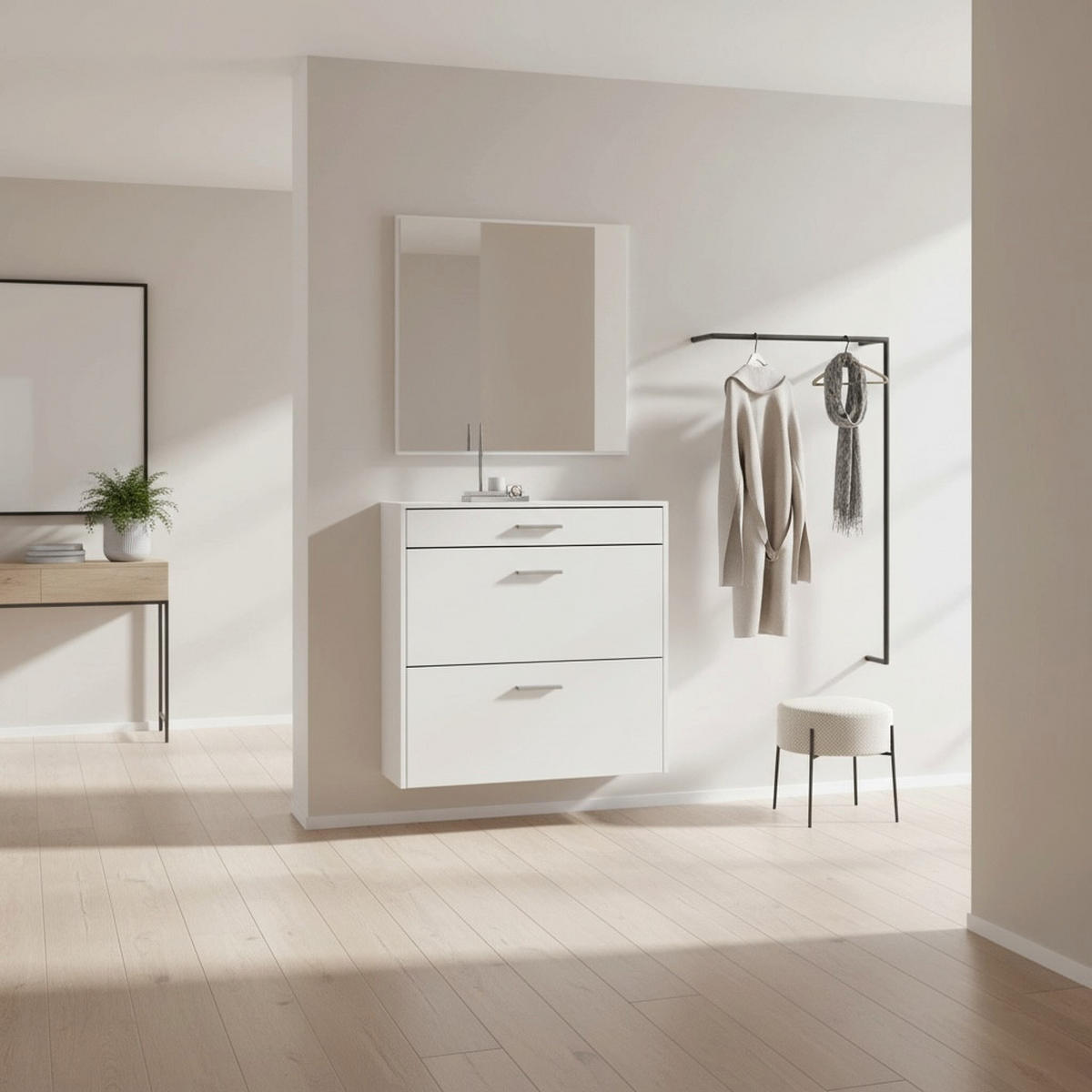 HÄNGENDER-SCHUHSCHRANK Roma Air Schmal mit 2 Klappen und 1 Schublade, Platzsparender Schuhkipper, Weiß matt (89 x 87 x 23 cm) - Weiß, Holzwerkstoff (89/87/23cm) - InnoFurn