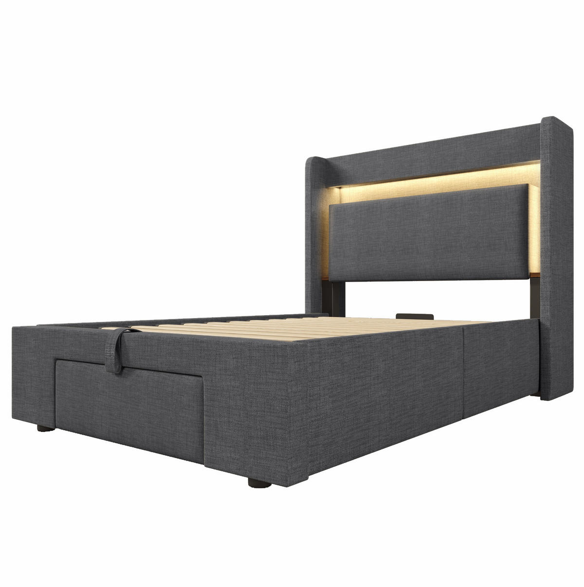 POLSTERBETT aus Leinen 90x200 cm Grau mit Bettkasten, Schublade, LED sowie USB- und USB-C-Anschluss - Grau, Textil (90/200cm) - IVMEU