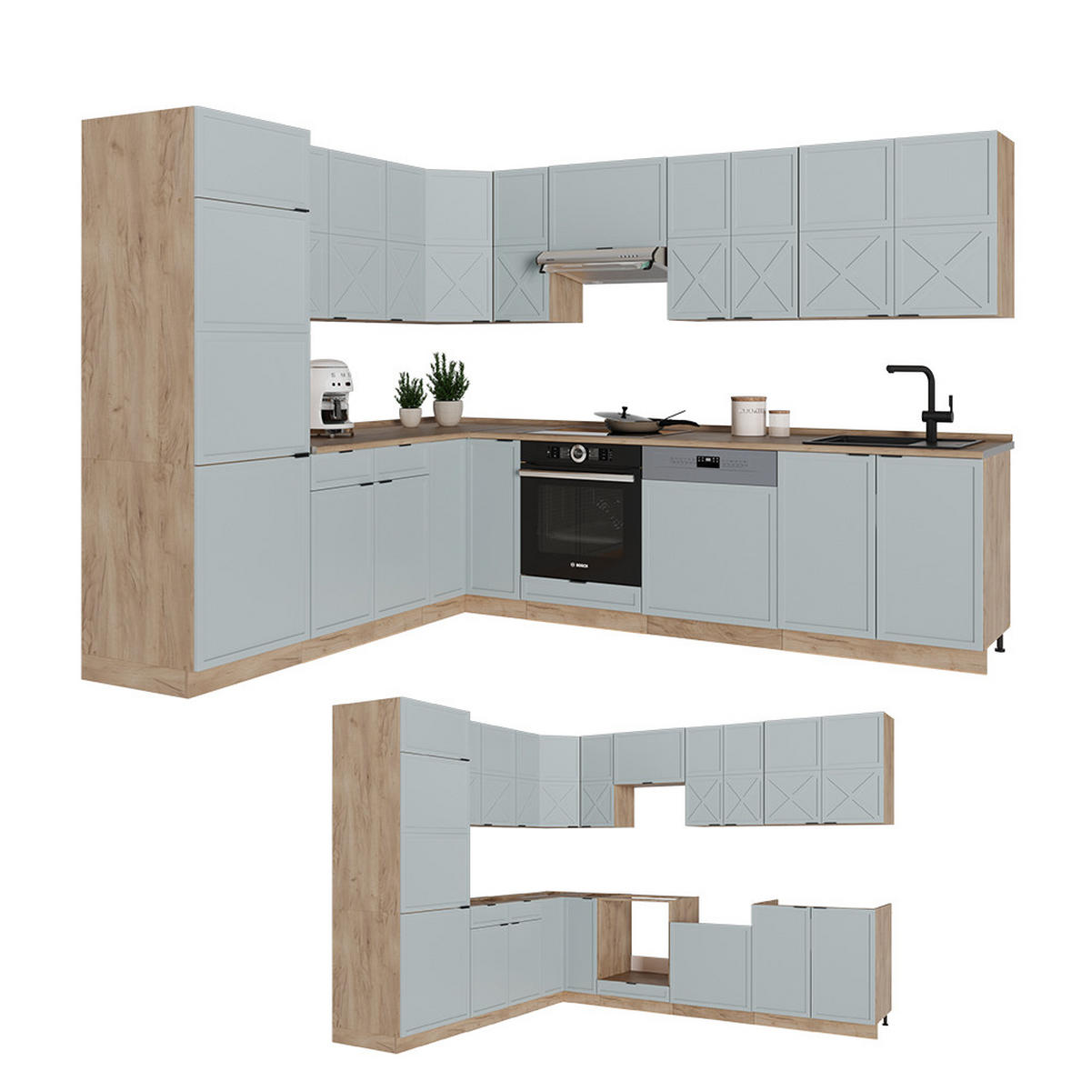 ECKKÜCHE Fame-Line Hellblau-grau/Goldkraft Eiche 227 x 287 cm AP Eiche - Honigeiche/Hellblau, Holzwerkstoff (227/81.6/60cm) - Vicco