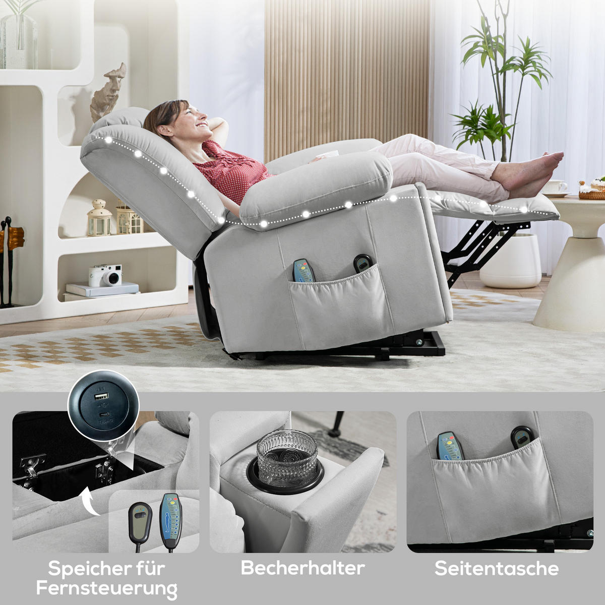 MASSAGESESSEL DE-06407 45° Lift, 135° neigbar, Wärme, USB Samtartiger Stoff - Hellgrau, Metall (93/104/101cm) - ComfortXL