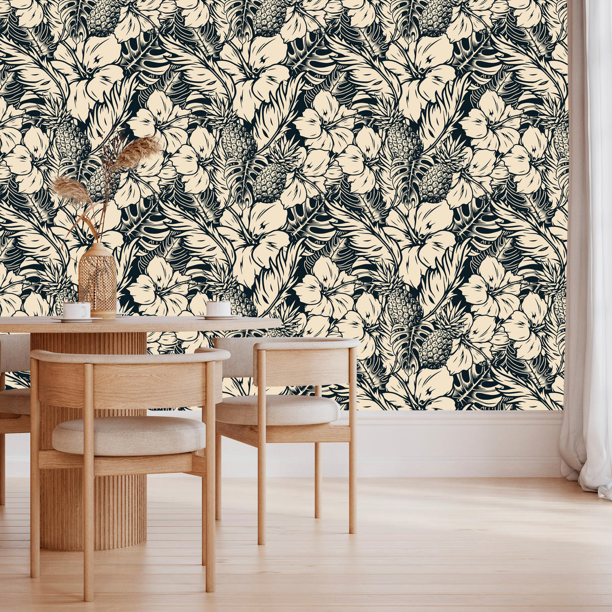 VLIESTAPETE Tropische Blüten und Ananas – Schwarz, Creme – 50x1000 cm - Creme/Schwarz, Papier (50/1000cm) - Muralo