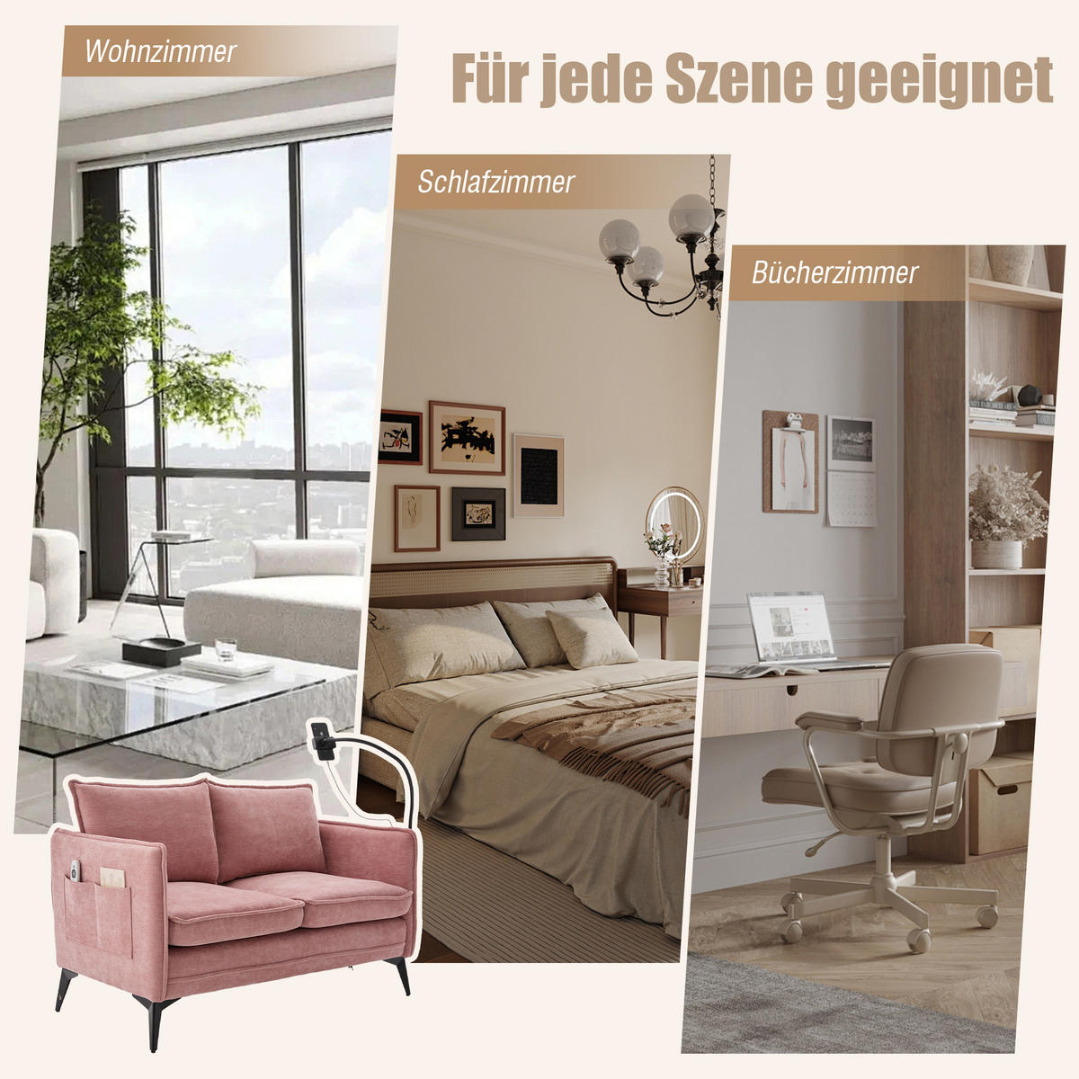 2-SITZER Sofa Chenille mit Handyhalter und Seitentaschen 127/69/66 cm Rosa - Rosa, Textil (66/127/69cm) - Redom