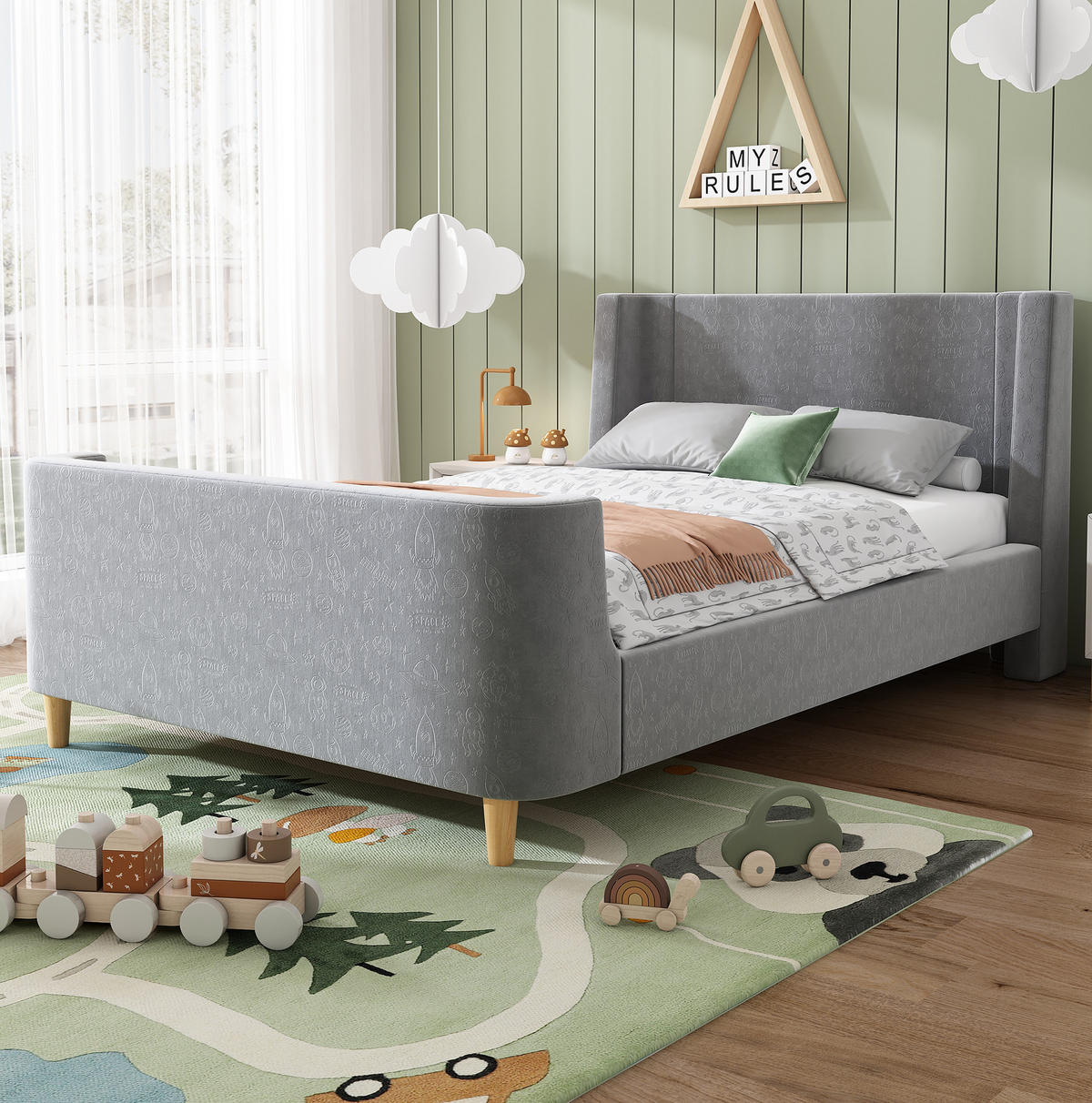 KINDERBETT 90/200 cm in Grau mit Samtbezug und Weltraummuster - Grau, Textil (90/200cm) - BEAOK