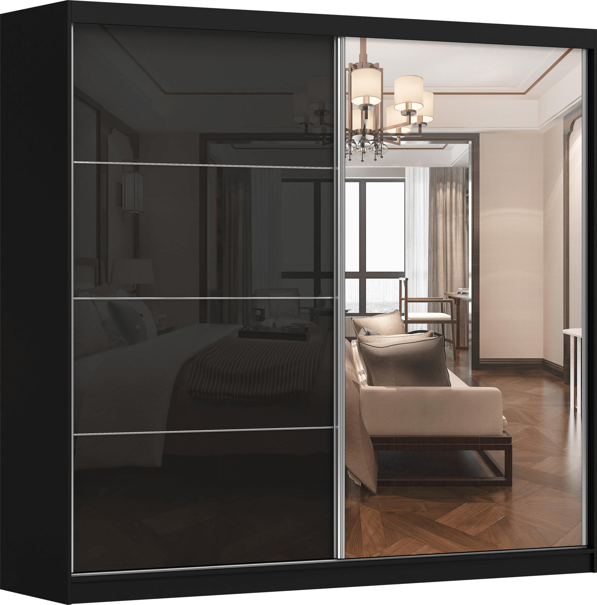 SCHWEBETÜRENSCHRANK MULTI 31 Schwarz/Schwarz + Spiegel 233 cm - Schwarz/Alufarben, Glas/Holzwerkstoff (233/218/61cm) - imoebel24