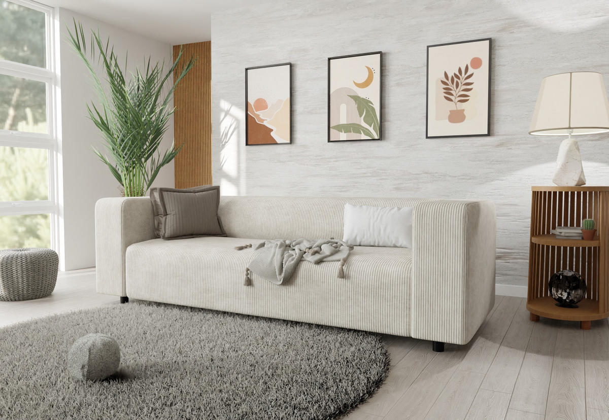 SITZGARNITUR 3+2+1 Tove Beige Cord - Beige/Schwarz, Holz/Kunststoff (175/65/80cm) - S-Style Möbel