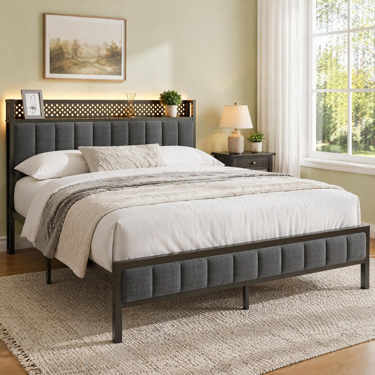 METALLBETT 140/200 cm in Schwarz mit USB-Anschlüssen und Stauraum - Schwarz, Metall (140/200cm) - OKMYHOME