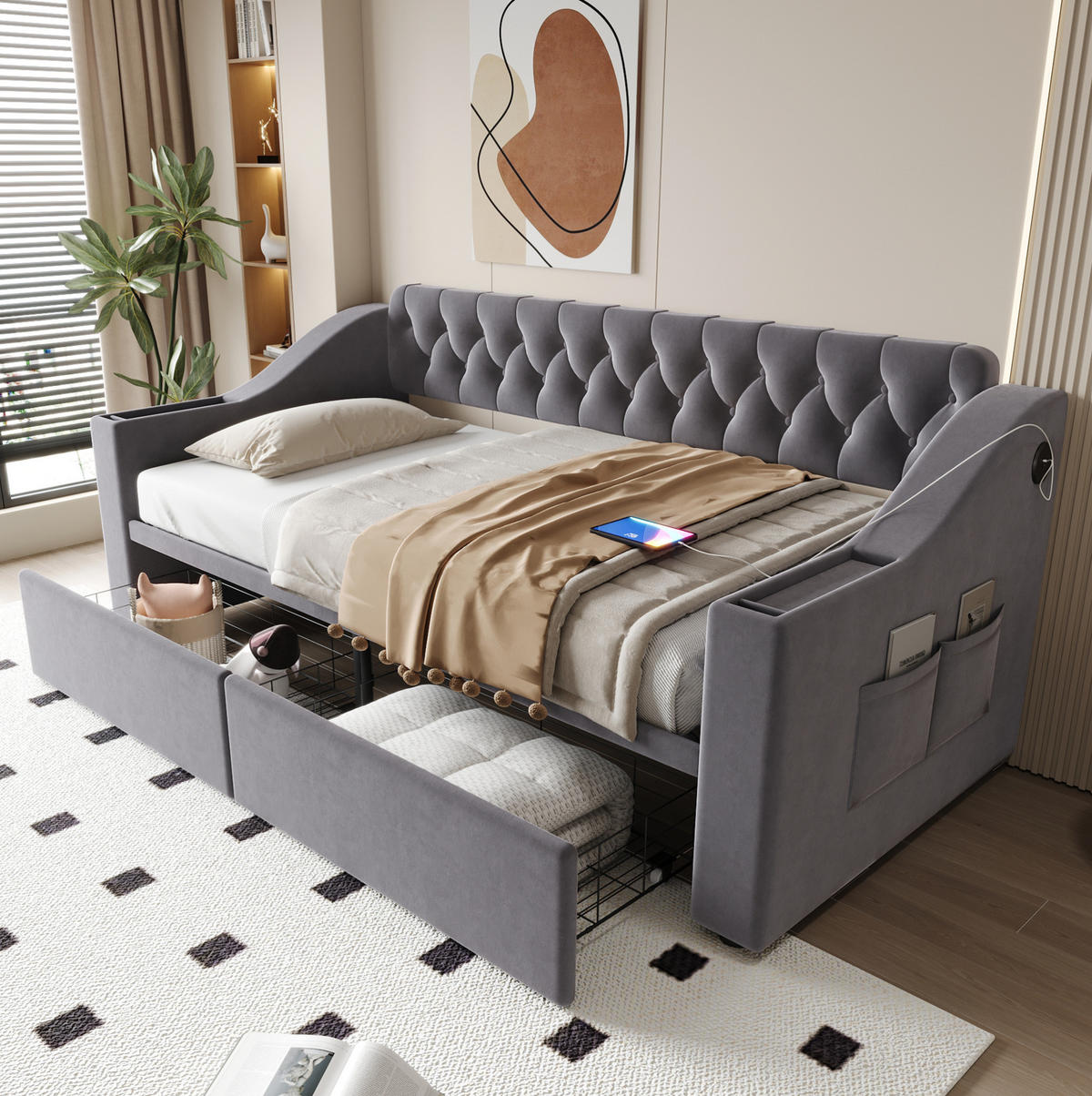 SCHLAFSOFA aus Samt 90x190 cm Grau mit Schubladen, Stauraum und Ladeanschlüssen - Grau, Textil (90/190cm) - IVMEU