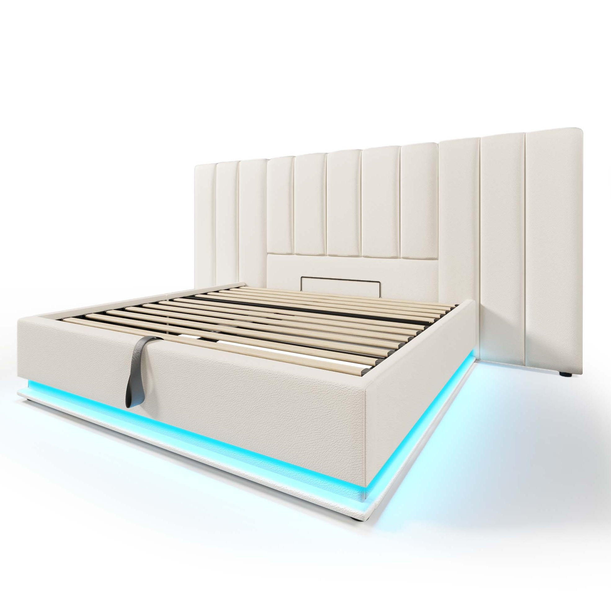 Modfu ČALOUNĚNÁ postel z PU 160x200 cm bílá s LED osvětlením, USB a USB-C nabíjením a hydraulickým úložným prostorem