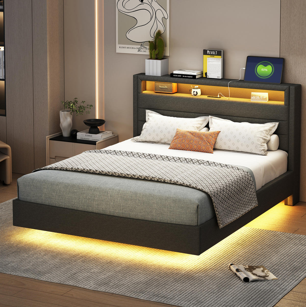 POLSTERBETT 140/200 cm Grau mit LED-Beleuchtung und USB-Anschluss - Grau, Textil (140/200cm) - Flora Grace