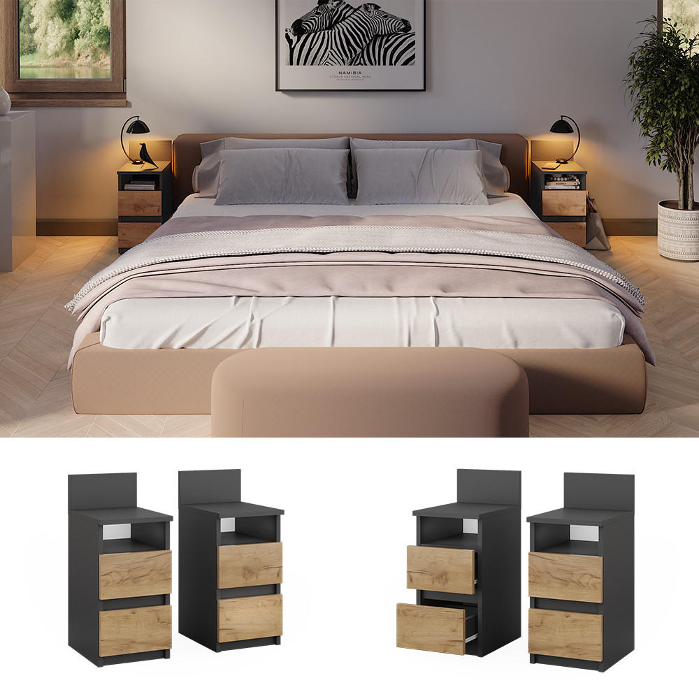 NACHTTISCH Monty Anthrazit/Goldkraft Eiche 25 x 59.1 cm 2er Set - Anthrazit/Eiche Wotan, Holzwerkstoff (25/59.1/32.3cm) - Vicco