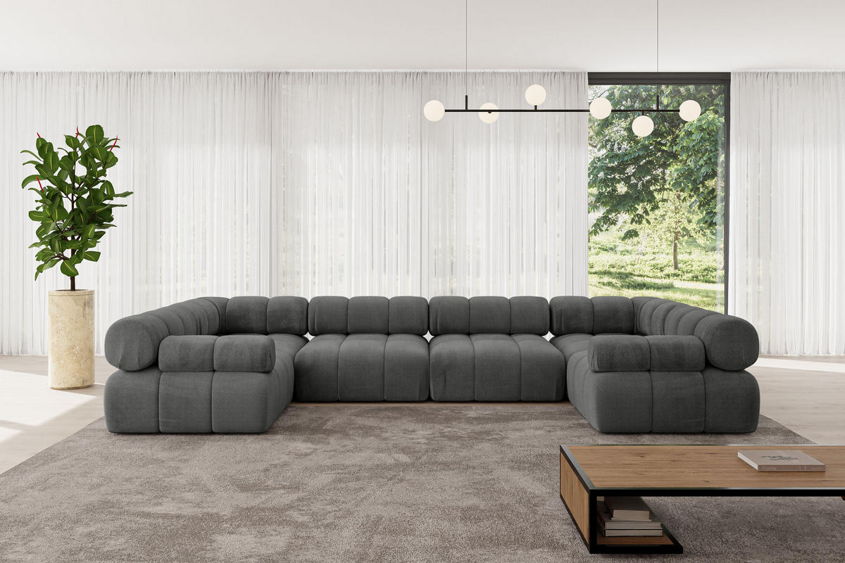WOHNLANDSCHAFT modulares Sofa Birno-U2 - 380x190x70 cm Dunkelgrau Velours - Dunkelgrau, Holzwerkstoff/Textil (380/70/190cm) - ALTDECOR