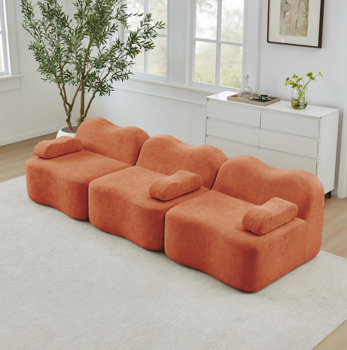 SOFA 288/98/70 cm in Orange aus Samt mit tiefer Sitzfläche - Orange, Textil (98/70/288cm) - Flora Grace