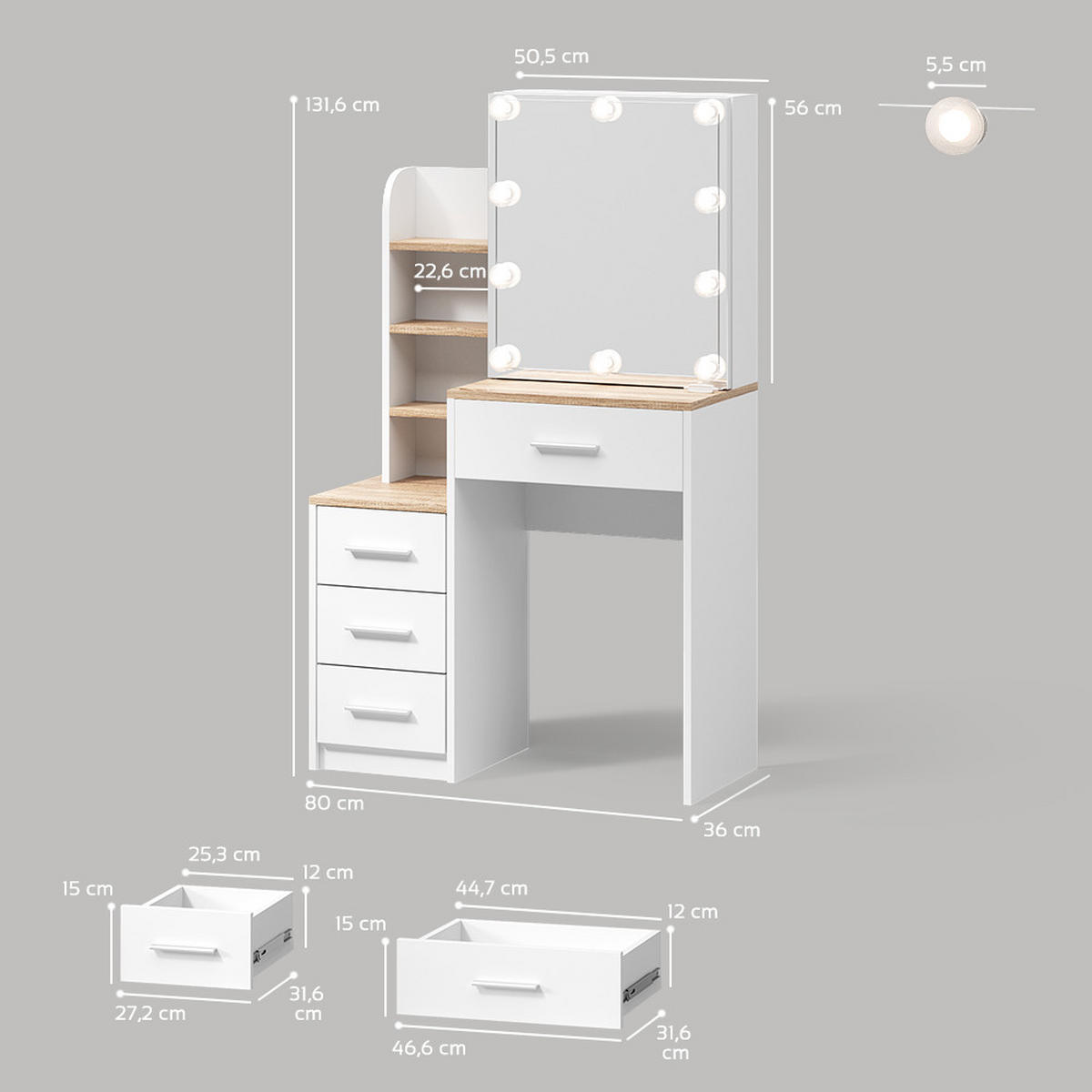SCHMINKTISCH Loreta Weiß/Sonoma 80 cm mit LED Beleuchtung - Weiß/Sonoma Eiche, Holzwerkstoff (80/131.6/36cm) - Livinity®