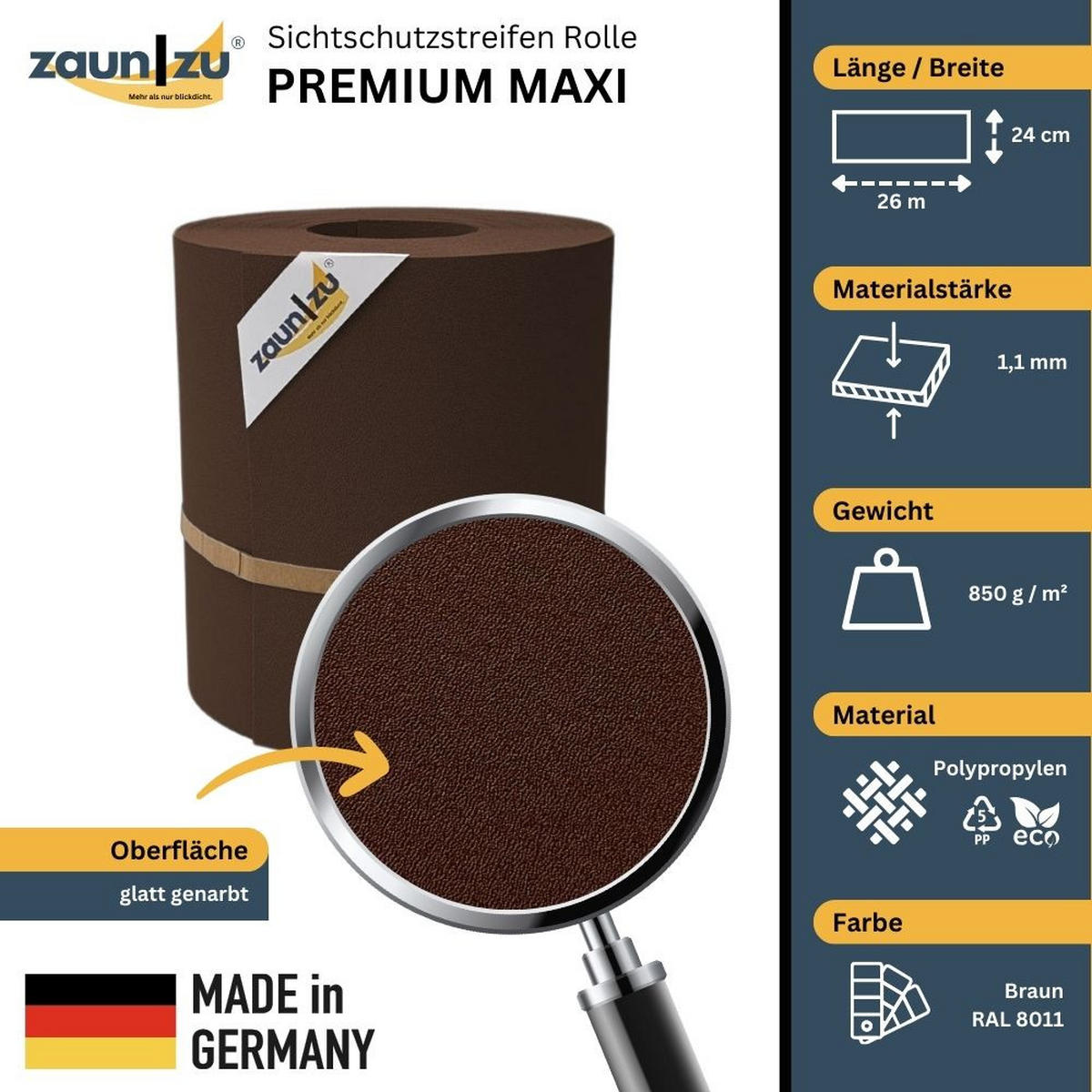 SICHTSCHUTZSTREIFEN Premium Maxi für Doppelstabmatten 24cm hoch Braun 26m - Braun, Kunststoff (2600/24cm) - ZAUN|ZU
