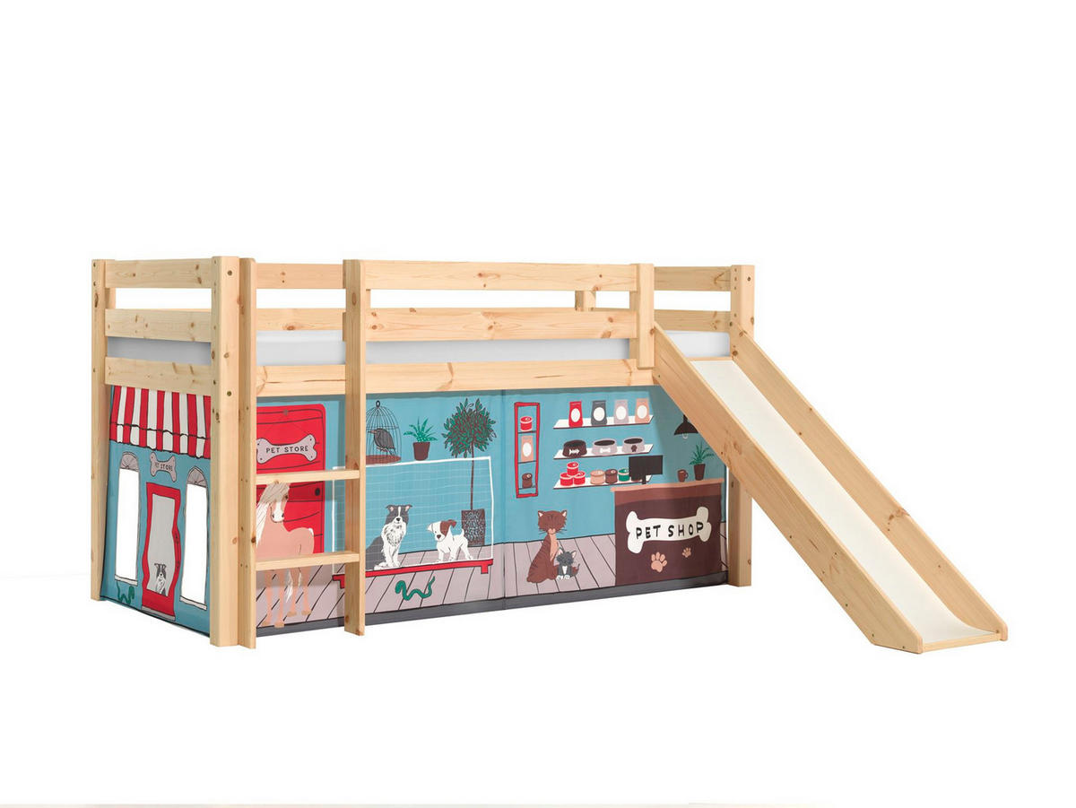 HOCHBETT mit Rutsche Karolina Massivholz Natur Textilset Pet Shop - Blaugrau/Kieferfarben, Holz (90/200cm) - 58aufmkessel