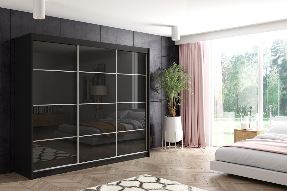 KLEIDERSCHRANK mit Lacobel-Schiebetüren und Aluminium-Leisten - VIVONA - 180 cm Schwarz - Schwarz, Holzwerkstoff (150/216/61cm) - ALTDECOR