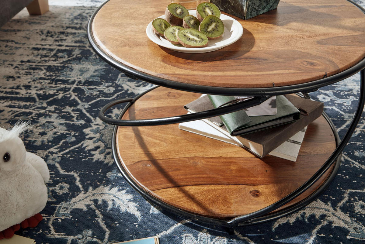COUCHTISCH Schwarz/Braun, Sheesham Massivholz und Edelstahl, mit 2 Ablageflächen - Schwarz/Braun, Holz/Metall (58/58/35cm) - KADIMA DESIGN