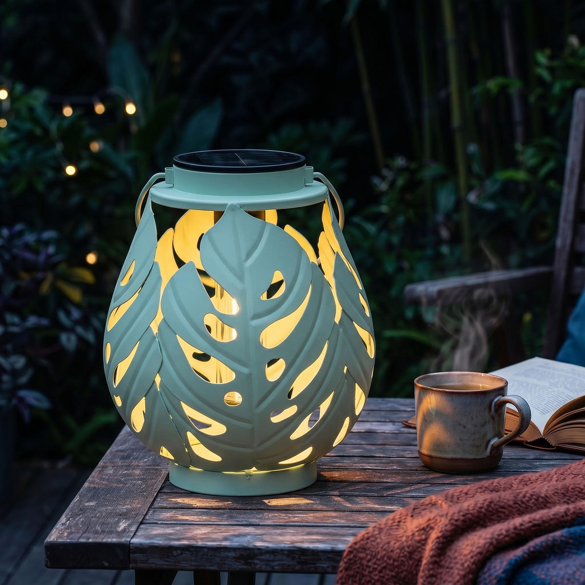 LED-LATERNE Gartenleuchte COB-LED Metall Ø 19 x 22 cm ELBLIGHT Monstera-Blätter - Mintgrün, Metall (19/19/22cm) - Northpoint