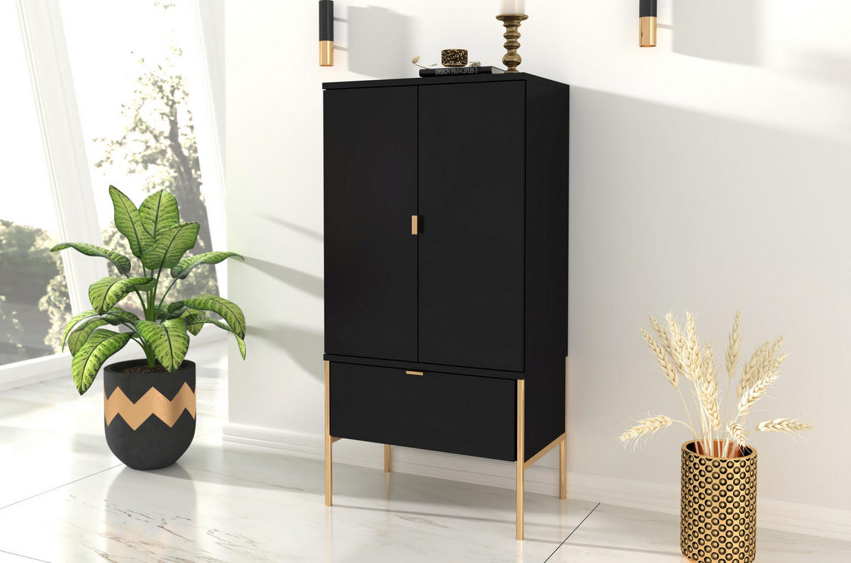 HIGHBOARD Polka, Schwarz, Goldene Details - Goldfarben/Schwarz, Holzwerkstoff/Metall (60/120/37cm) - Skandica