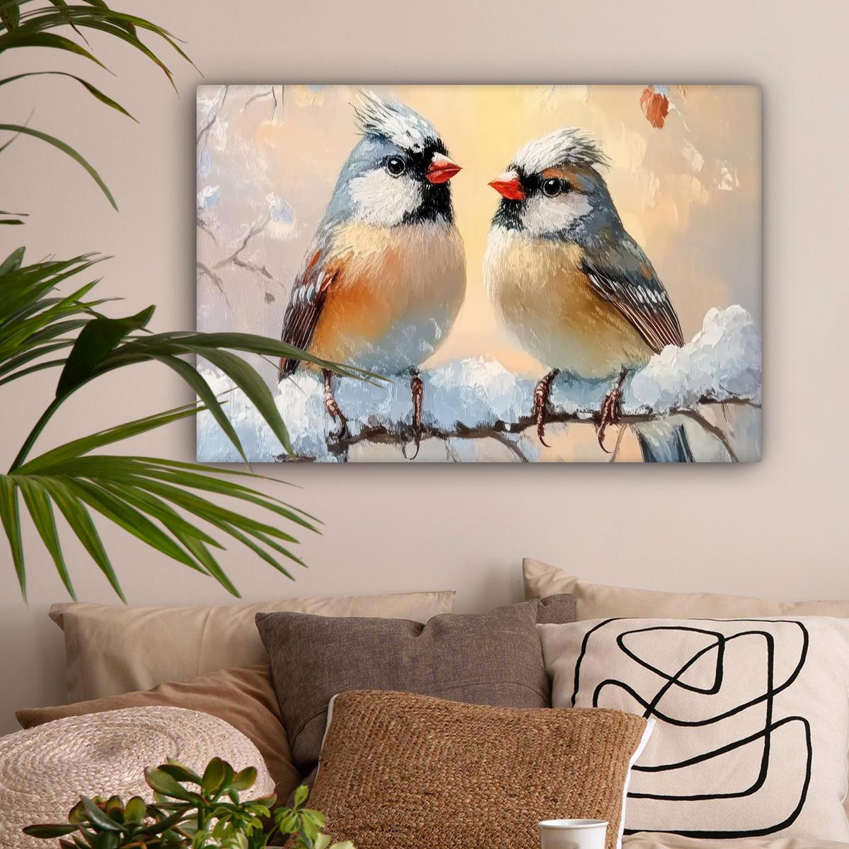 LEINWANDBILD Vögel - Zweig - Winter - Schnee Wanddeko 90x60 cm - Pastellblau, Textil (90/60cm) - MuchoWow