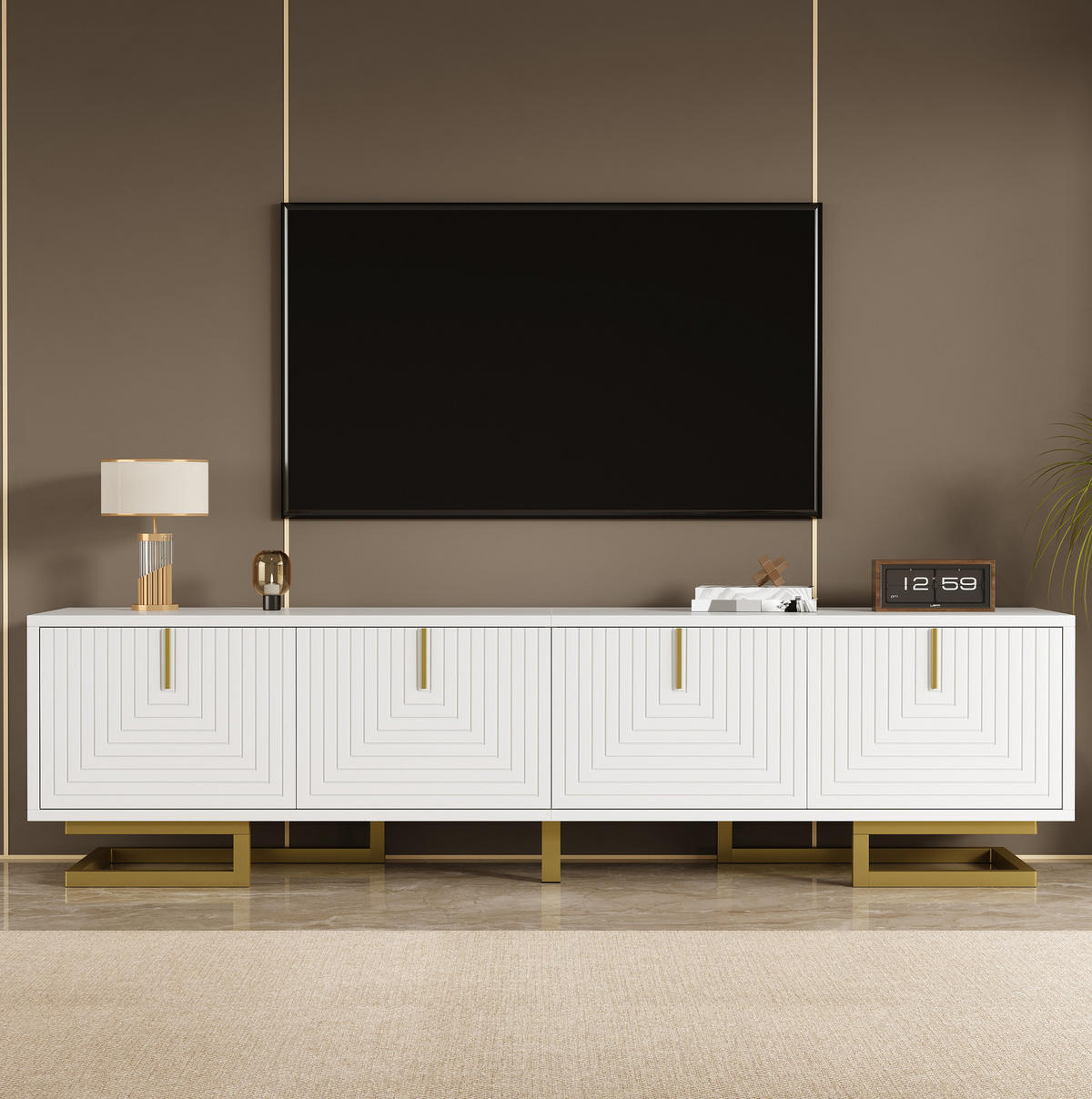 TV-LOWBOARD aus Spanplatte 160x38x44,5 cm Weiß mit 4 Türen, goldfarbenen Griffen und Metallfüßen - Weiß, Holzwerkstoff (160/44.5/38cm) - IVMEU