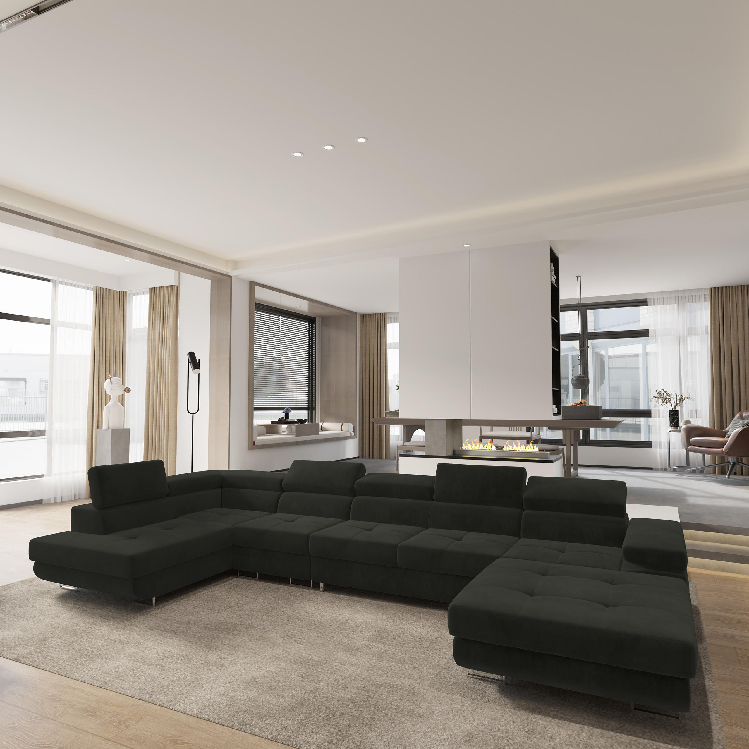 WOHNLANDSCHAFT VELORA L-S Schwarz Velours-Stoff mit Schlaffunktion - Schwarz, Holz (419/90/202cm) - MASSENO