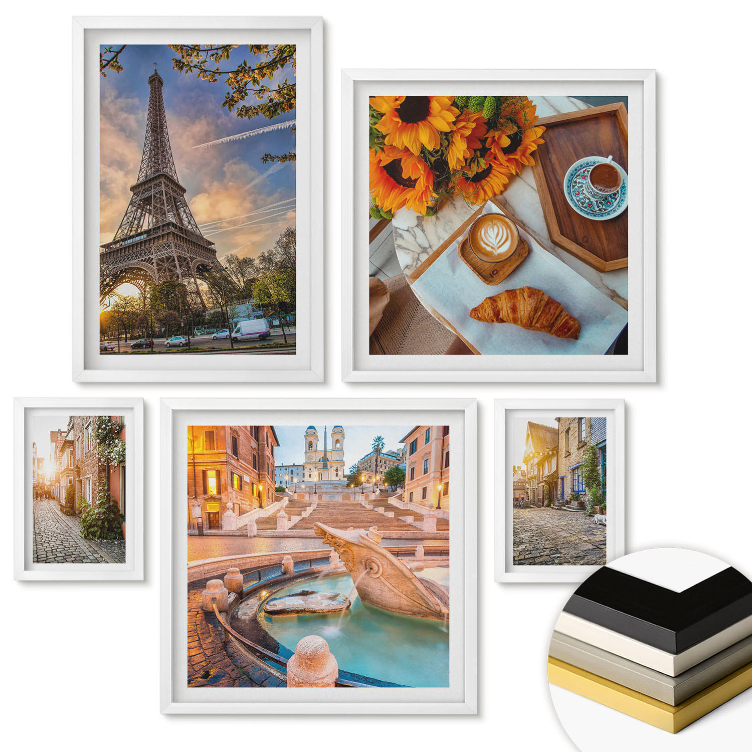 WANDBILDER 5er-Set - 50x50 cm & 20x30 cm & 40x60 cm Weißer Rahmen - Charmante Straßen mit Kaffee - Weiß, Kunststoff (40/60cm) - ArtPrintCave