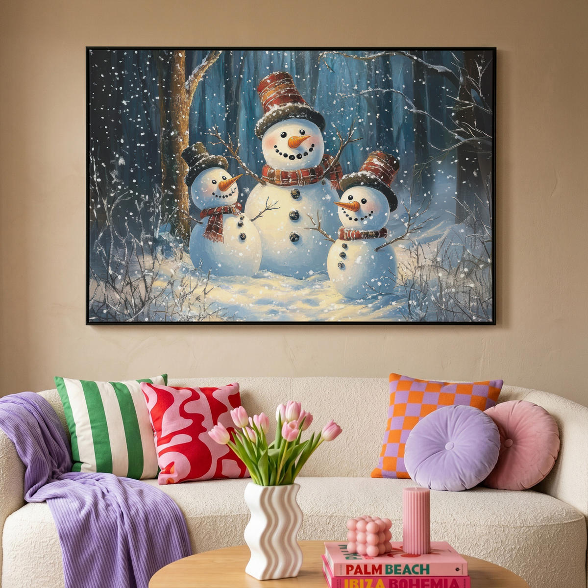 LEINWAND Bilder mit Rahmen - Schneemann - Schnee - Winter - Wald - 120x80 - Hellblau, Textil (120/80cm) - MuchoWow