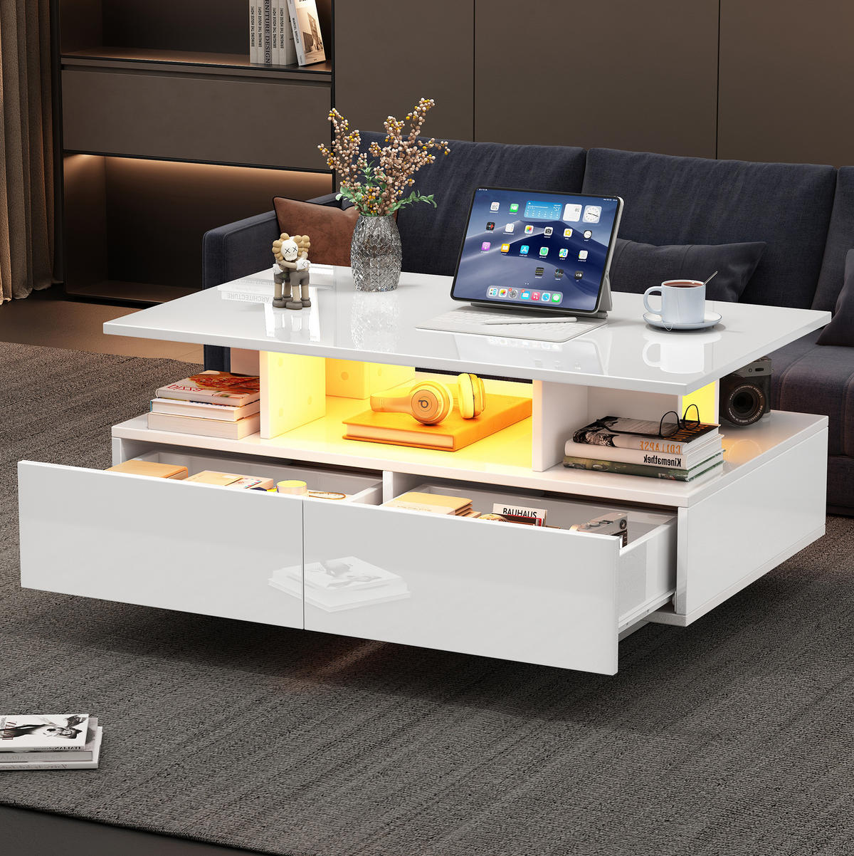 COUCHTISCH mit 2 Schubladen und LED 90x55x41 cm Hochglanz Weiß - Weiß, Holzwerkstoff (90/55/41cm) - Meubliv