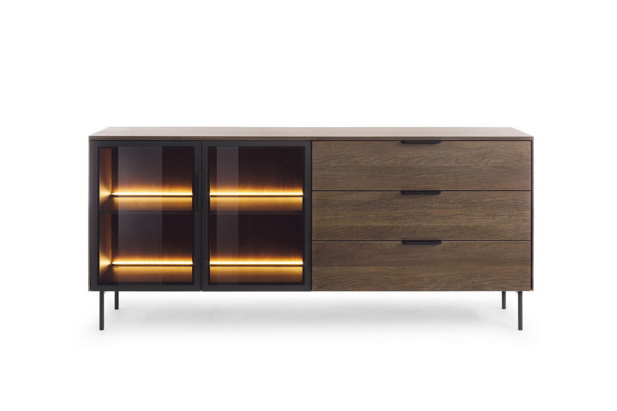 SIDEBOARD LUMI 181 cm Eiche Dunin - mit 2 Glastüren (links) und 3 Schubladen (rechts) - Eichefarben/Schwarz, Holz/Holzwerkstoff (181/83/39cm) - Ravio