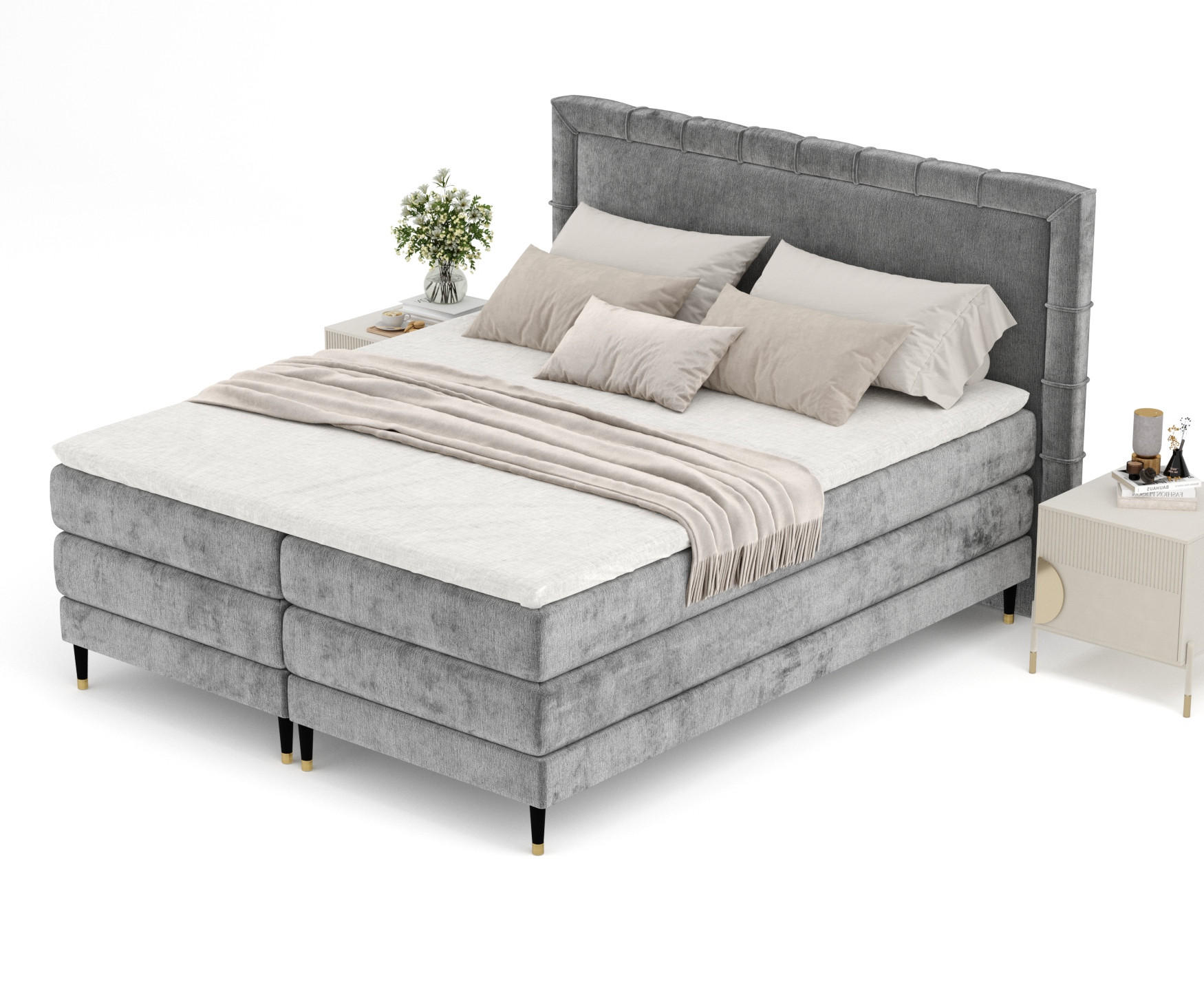 Thumbnail - Maison de Reve Boxspringbett, Grau, Textil, Buche, Kiefer, H3, Höhe ca. 36 cm, 160x200 cm, Oeko-Tex® Standard 100, FSC 1...