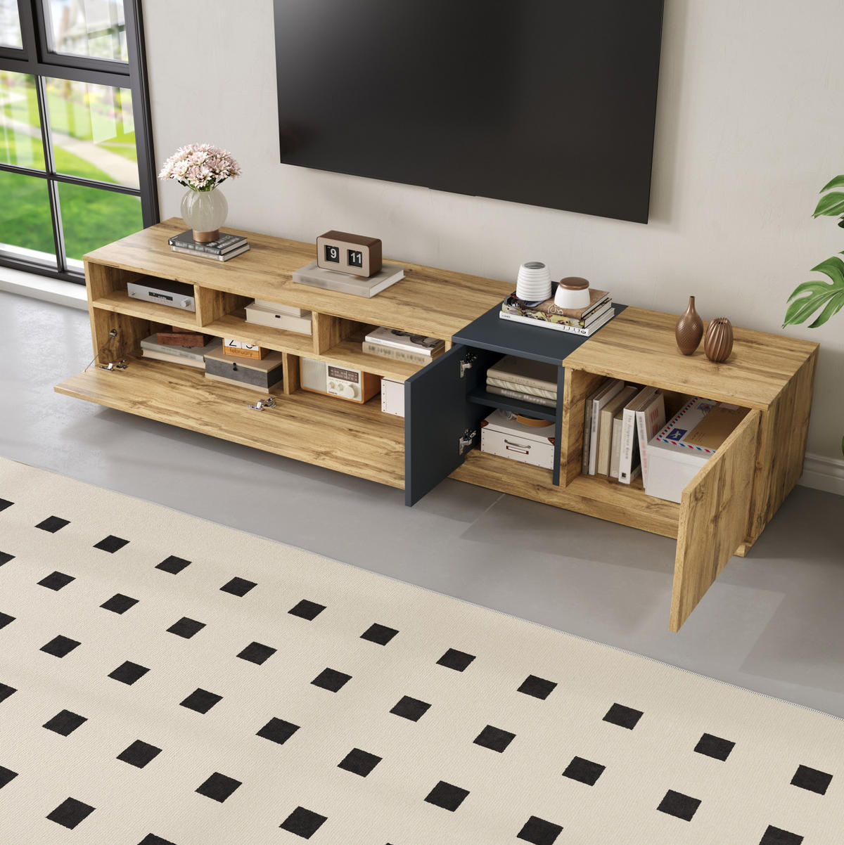 TV-SCHRANK aus Spanplatte 200x45x45 cm Schwarzgrau/Naturfarben mit Kabelöffnungen und Türen im Kontrastdesign - Schwarz, Holzwerkstoff (200/45/45cm) - Modfu