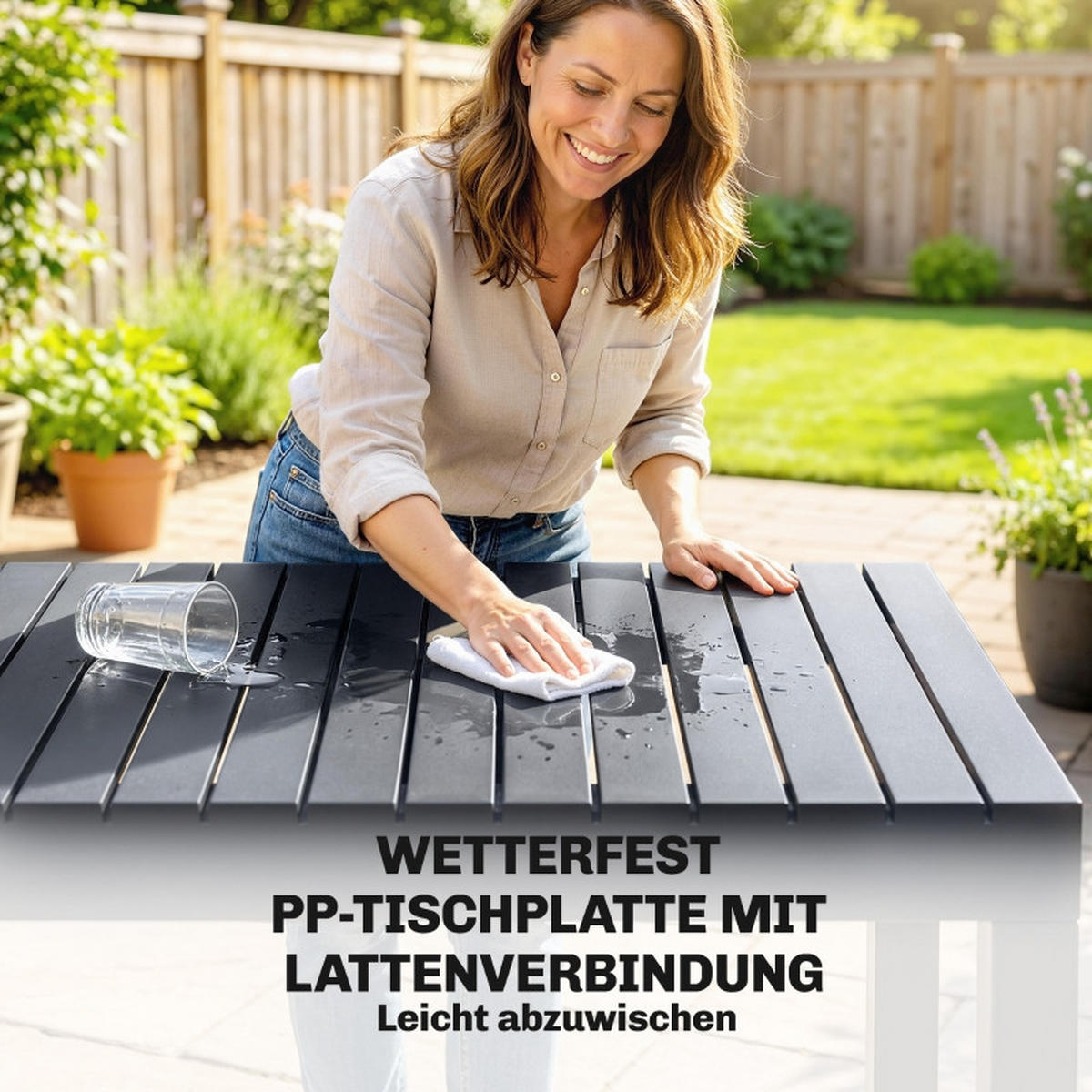 GARTENMÖBEL,BREITER Tisch+4 Stapelstühle,dunkelgrau - Grau, Metall - Vallsero