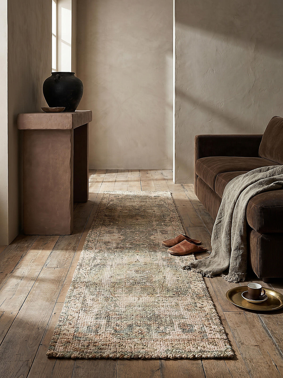 JUTETEPPICH DEEPE, klassisch im Vintage-Stil, Braun-Grün, 60 x 230 cm - Braun, Textil (230/60cm) - KADIMA DESIGN