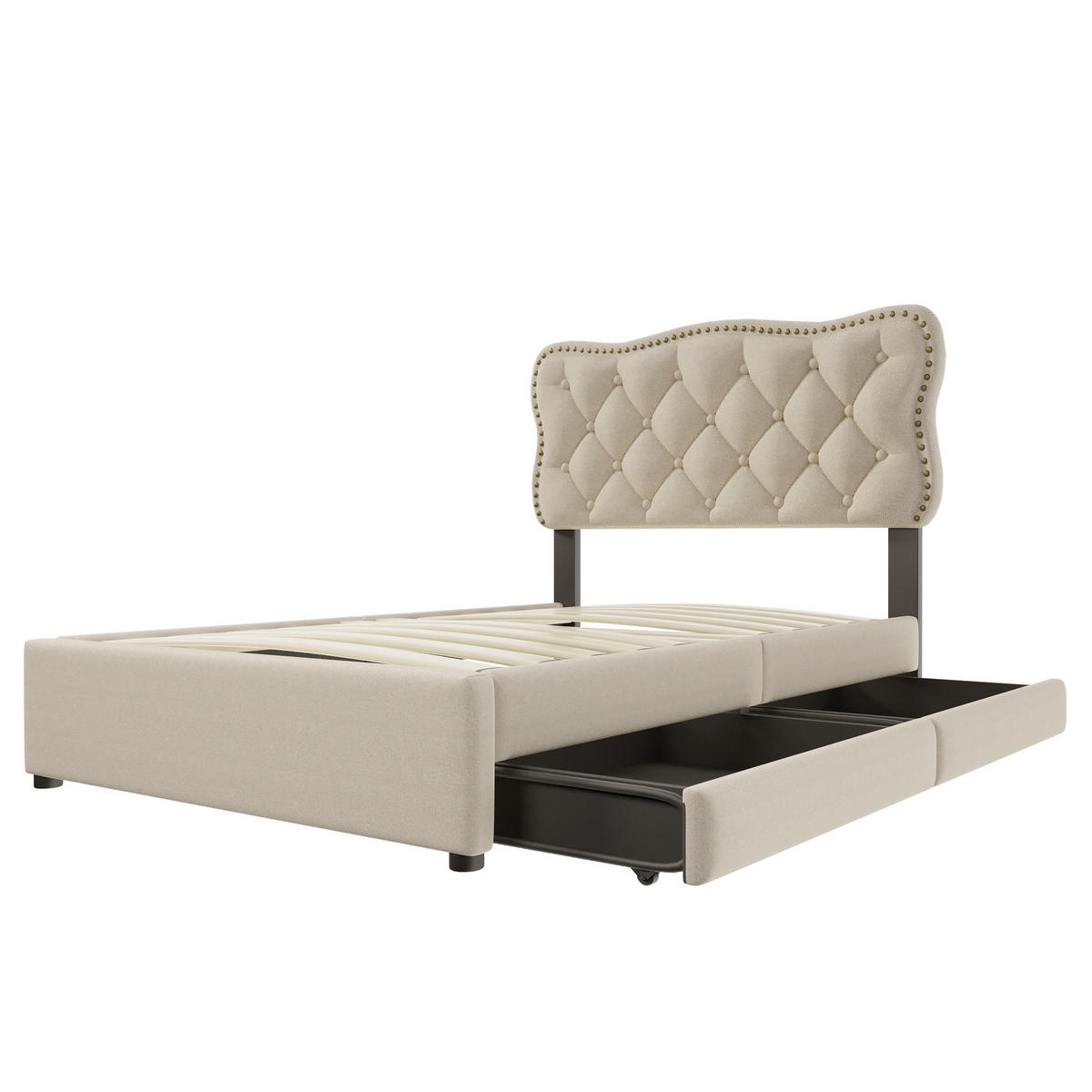 POLSTERBETT 90/200 cm in Dunkelbeige Leinen mit 2 Schubladen - Beige/Hellgrau, Holzwerkstoff/Textil (90/200cm) - CHICFURN