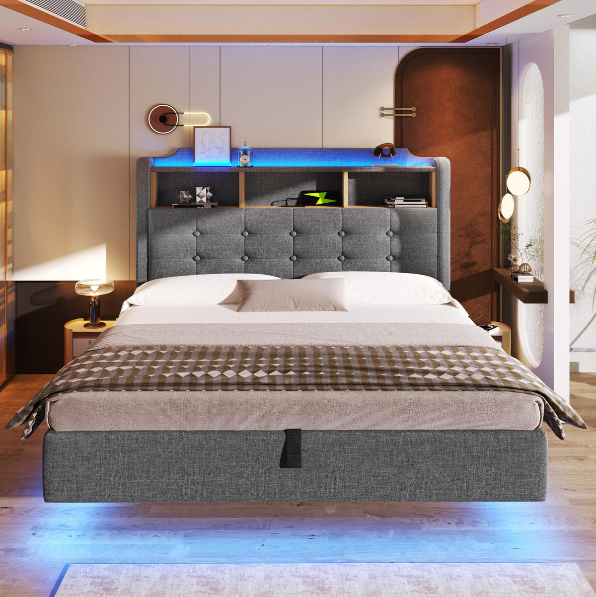 ČALOUNĚNÁ postel 140/200 cm šedá z lnu s LED osvětlením, úložným prostorem a USB-C - šedá, textil (140/200cm) - OKWISH