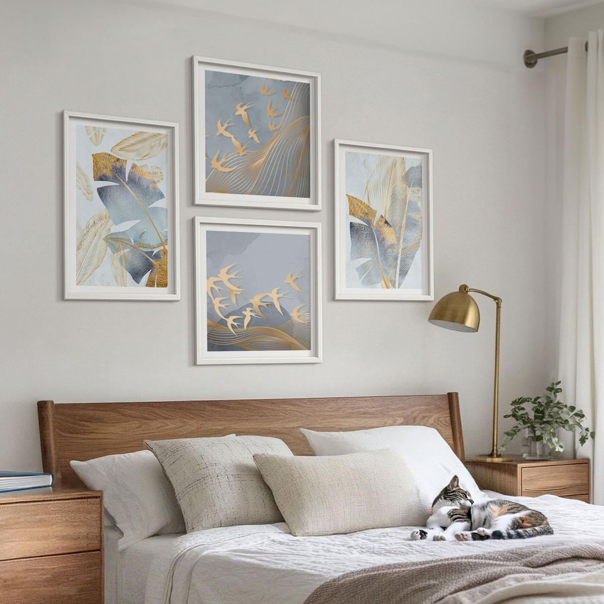 BILDER SET 4er Set - 50x50 cm & 40x60 cm Weißer Rahmen - Blaubeige Blätter im Hintergrund - Weiß, Kunststoff (50/50cm) - TULUP