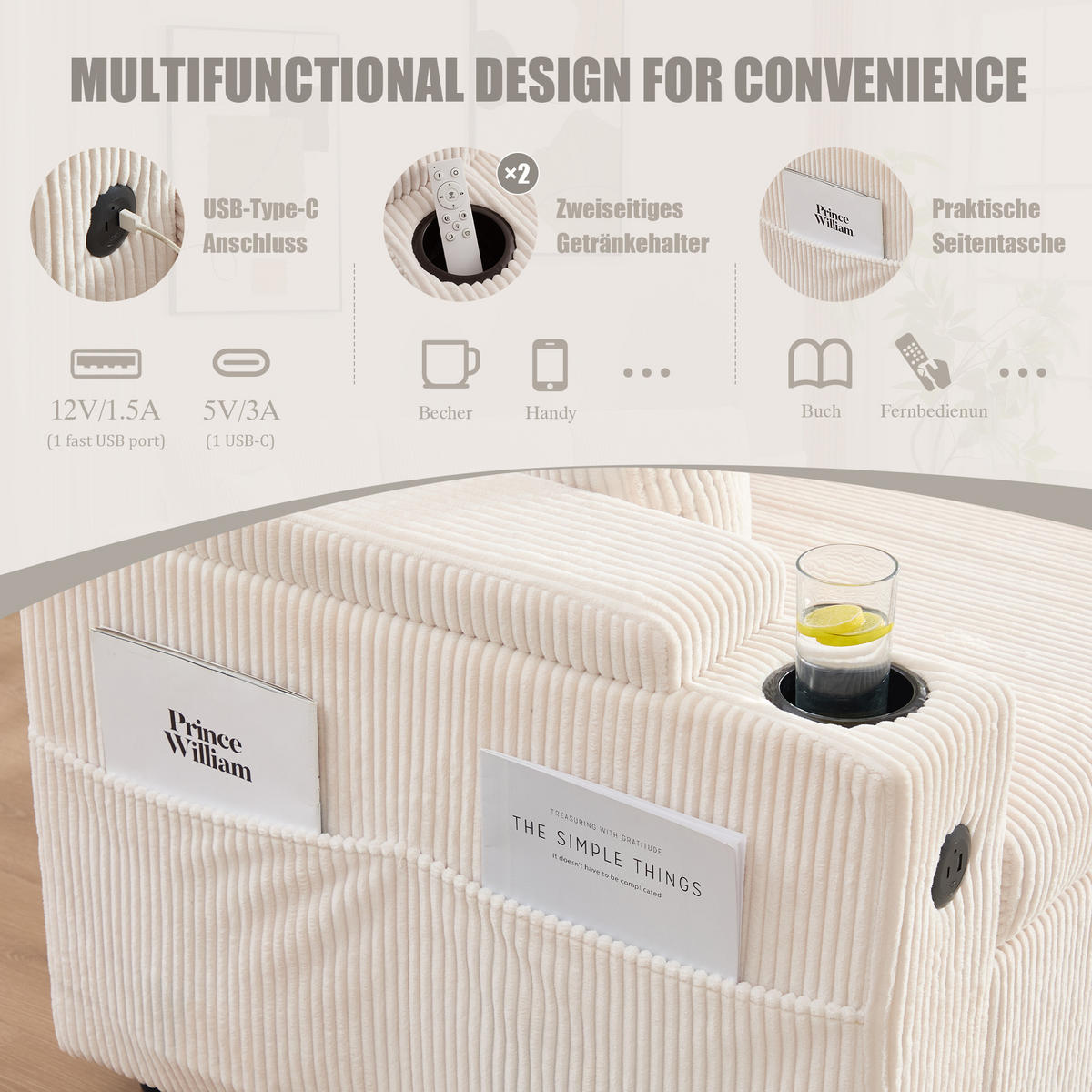 ECKSCHLAFSOFA 3-Sitzer Cord mit Stauraum USB-Anschluss und Becherhalter Beige 212,5/136/86 cm - Beige, Textil (136/212.5cm) - Redom