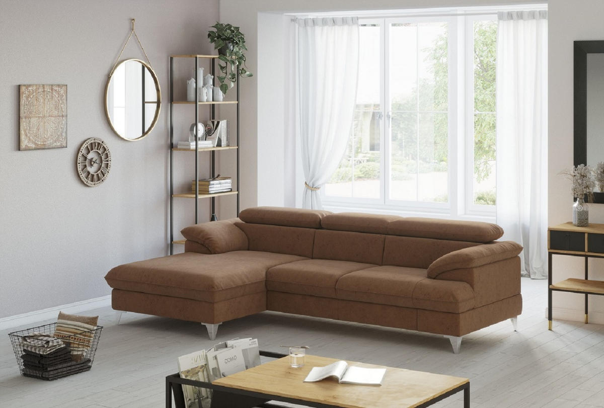ECKSOFA mit Schlaffunktion und Bettkasten, verstellbare Kopfstützen - Chromfarben/Braun, Textil/Metall (254/167cm) - Cotta