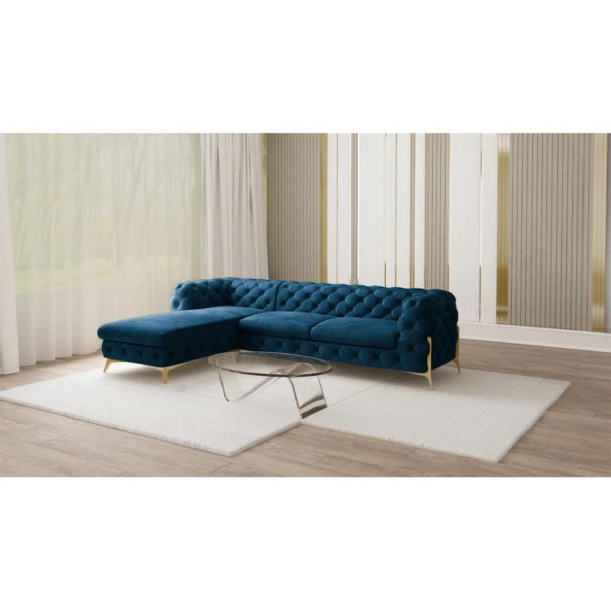 ECKSOFA Chesterfield Lexi Marineblau Samt, Ottomane links - Goldfarben/Dunkelblau, Holz/Textil (305/200cm) - S-Style Möbel