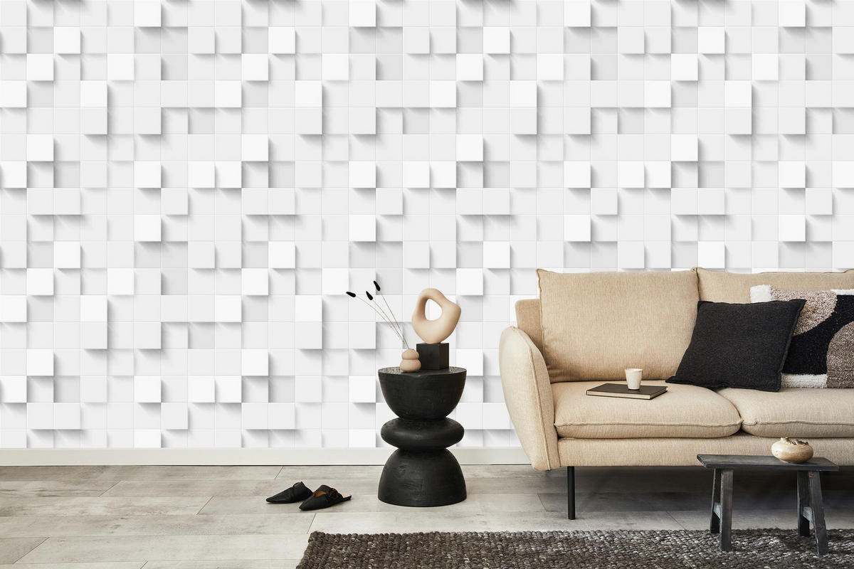 VLIESTAPETE Geometrische Quadrate in 3D-Optik – Weiß, Grau – 50x1000 cm - Weiß/Grau, Papier (50/1000cm) - Muralo