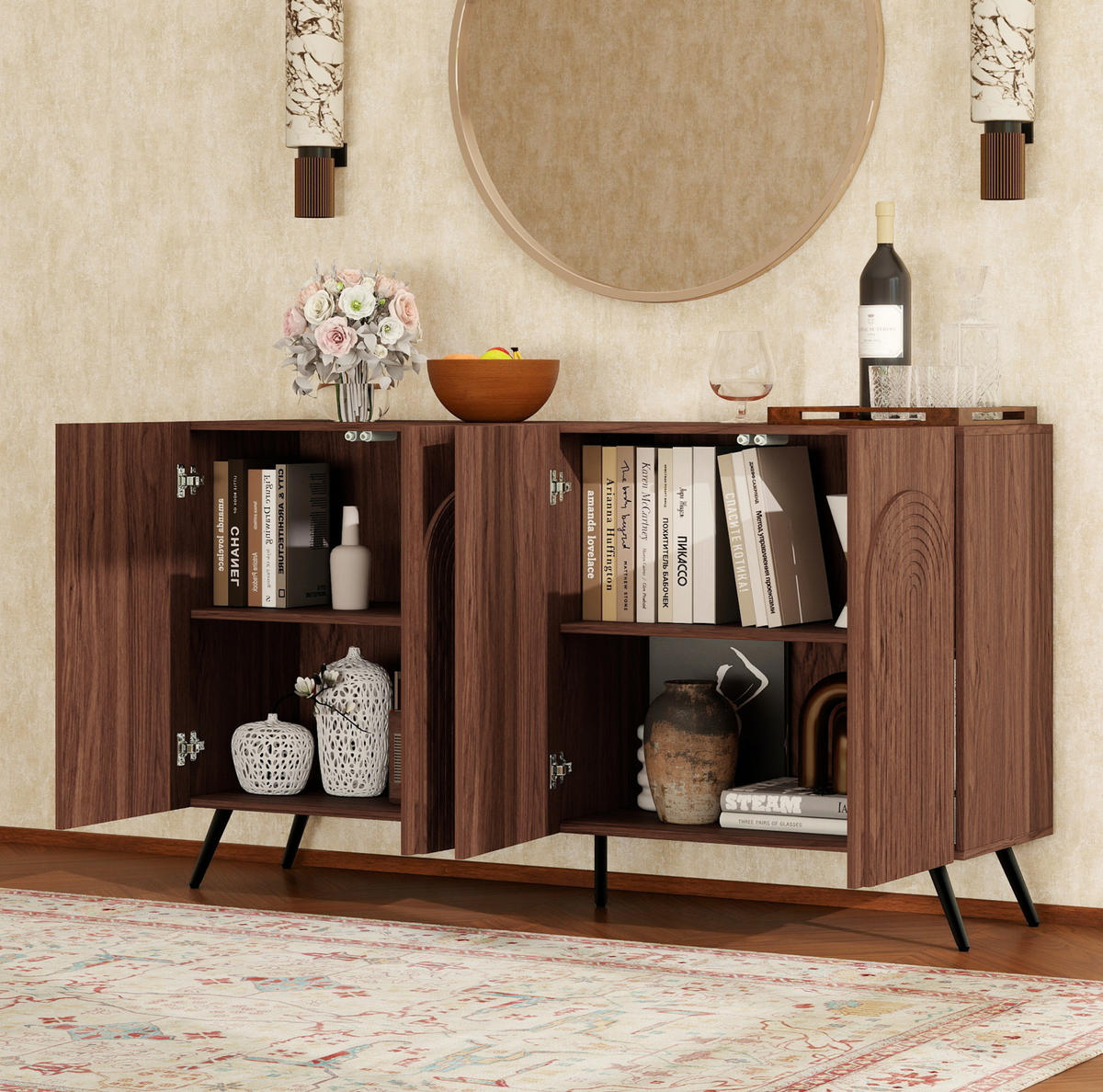 SIDEBOARD mit 4 Türen, verstellbaren Einlegeböden, 3D-Rillen und Magnetverschluss, Walnussbraun - Walnussfarben, Holzwerkstoff (150/83/38cm) - Redom