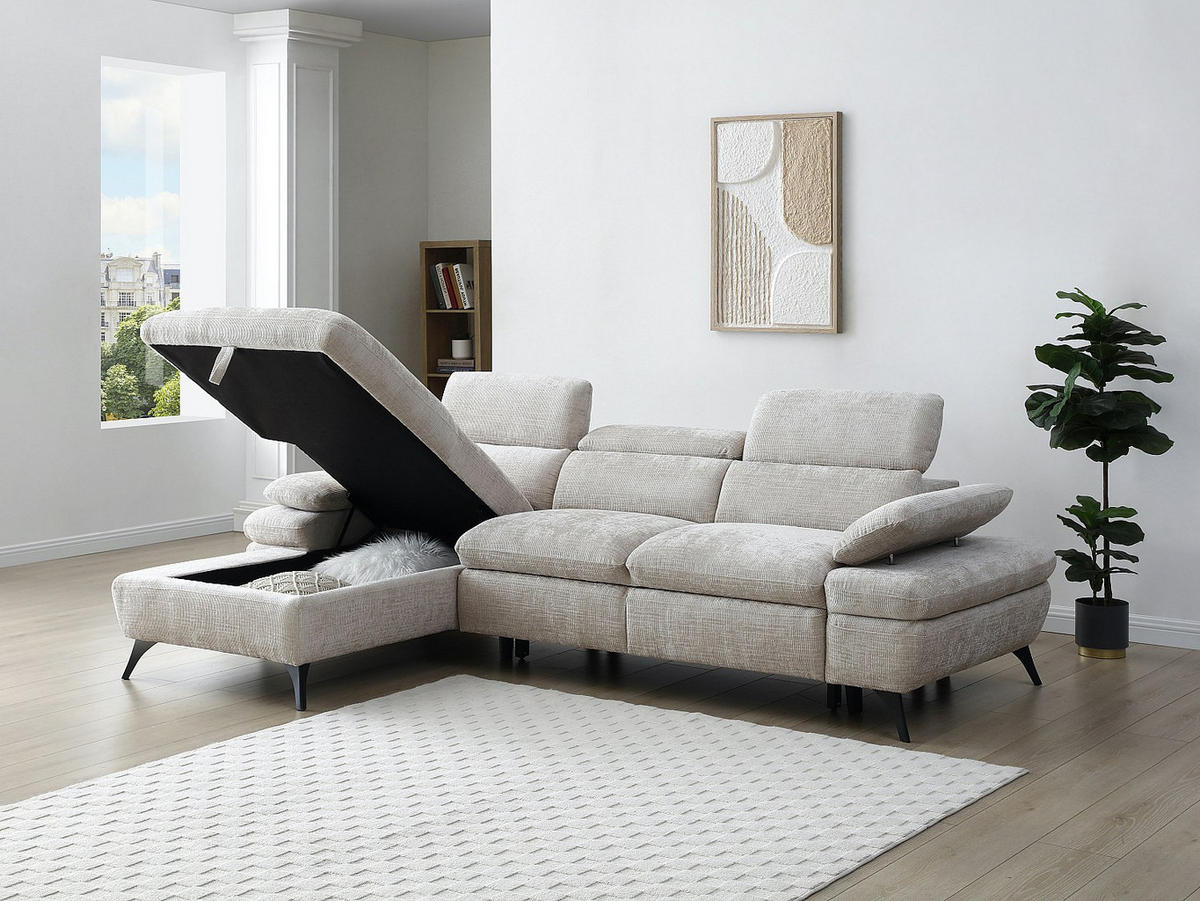 ECKSOFA mit Schlaffunktion mit Bettkasten - Ecke links - Strukturstoff - Beige - MORAVA - Beige, Textil (176/284cm) - Vente-Unique