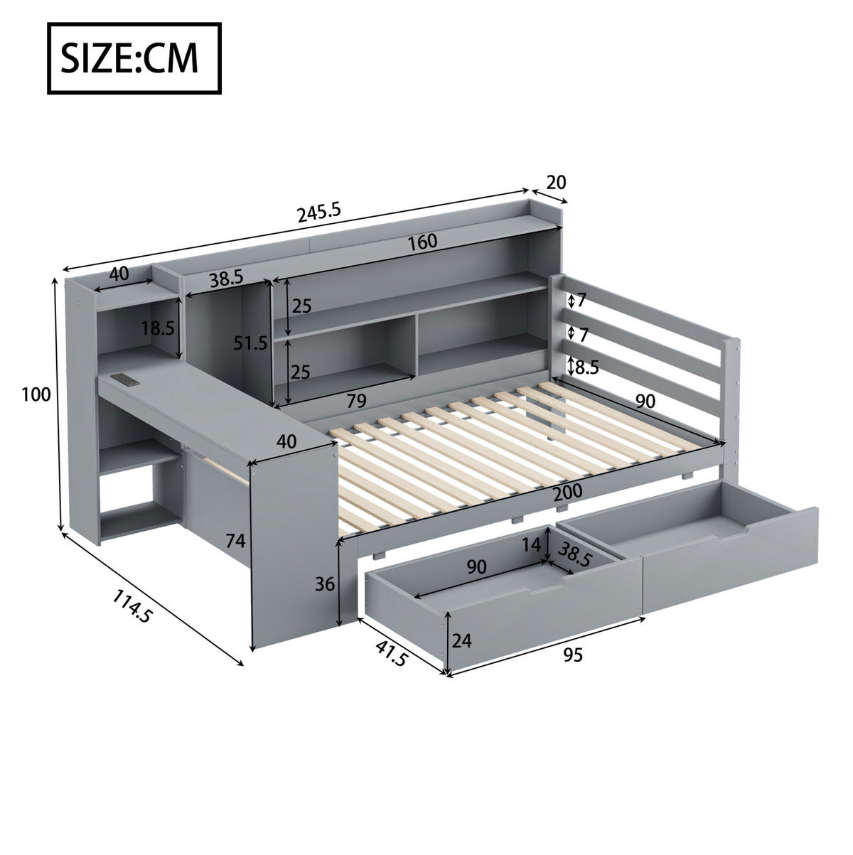 BETT 90/200 cm aus Massivholz in Grau – mit Schreibtisch, Regalen und 2 Schubladen - Grau, Holz (90/200cm) - BEAOK