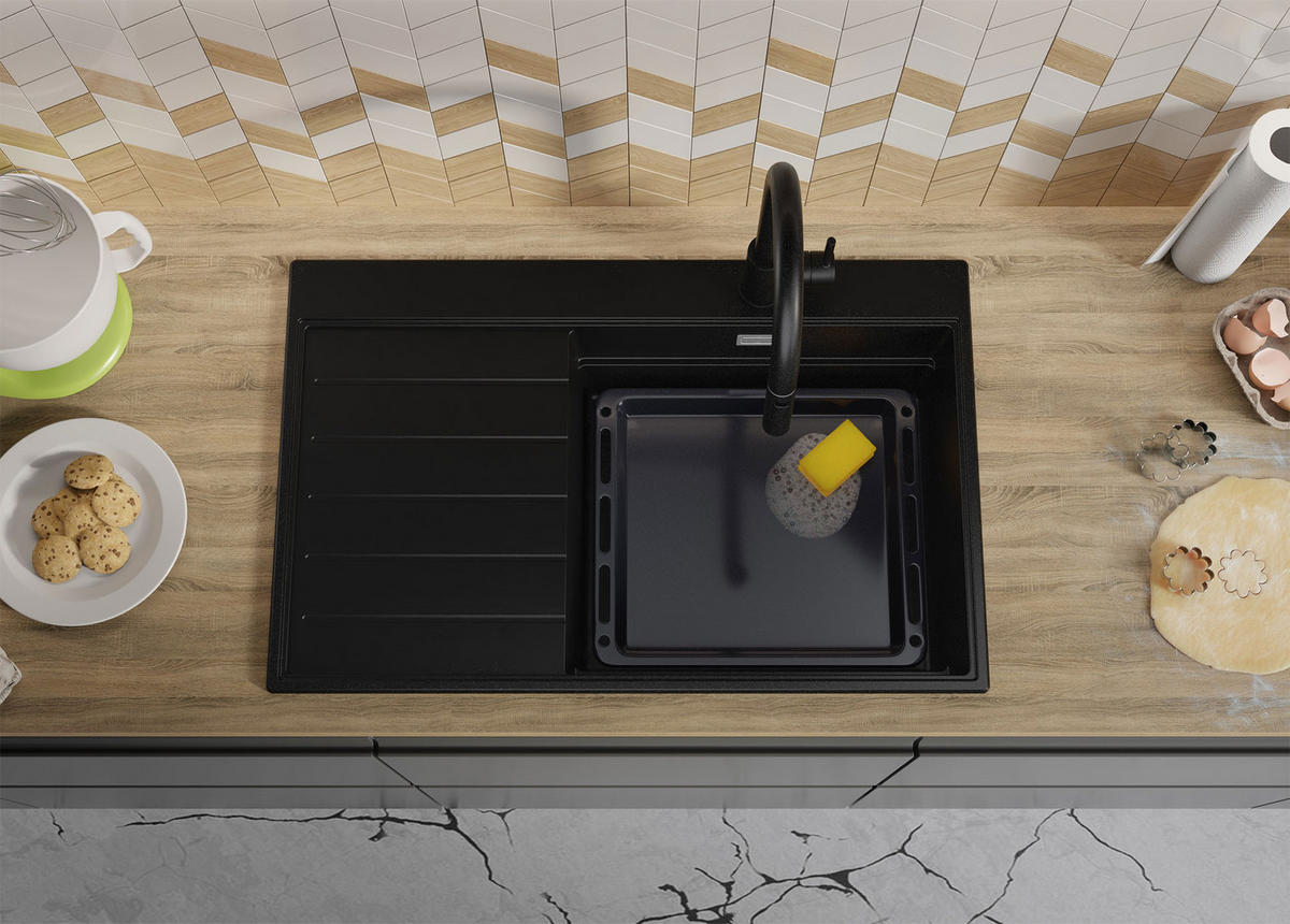 SPÜLBECKEN Sydney, 2-er set Schwarz 78/50 cm 1 Becken + Ablauf-Set + Küchenzubehörset ab 50er Unterschrank - Chromfarben/Beige, Kunststoff (78/20/50cm) - Primagran