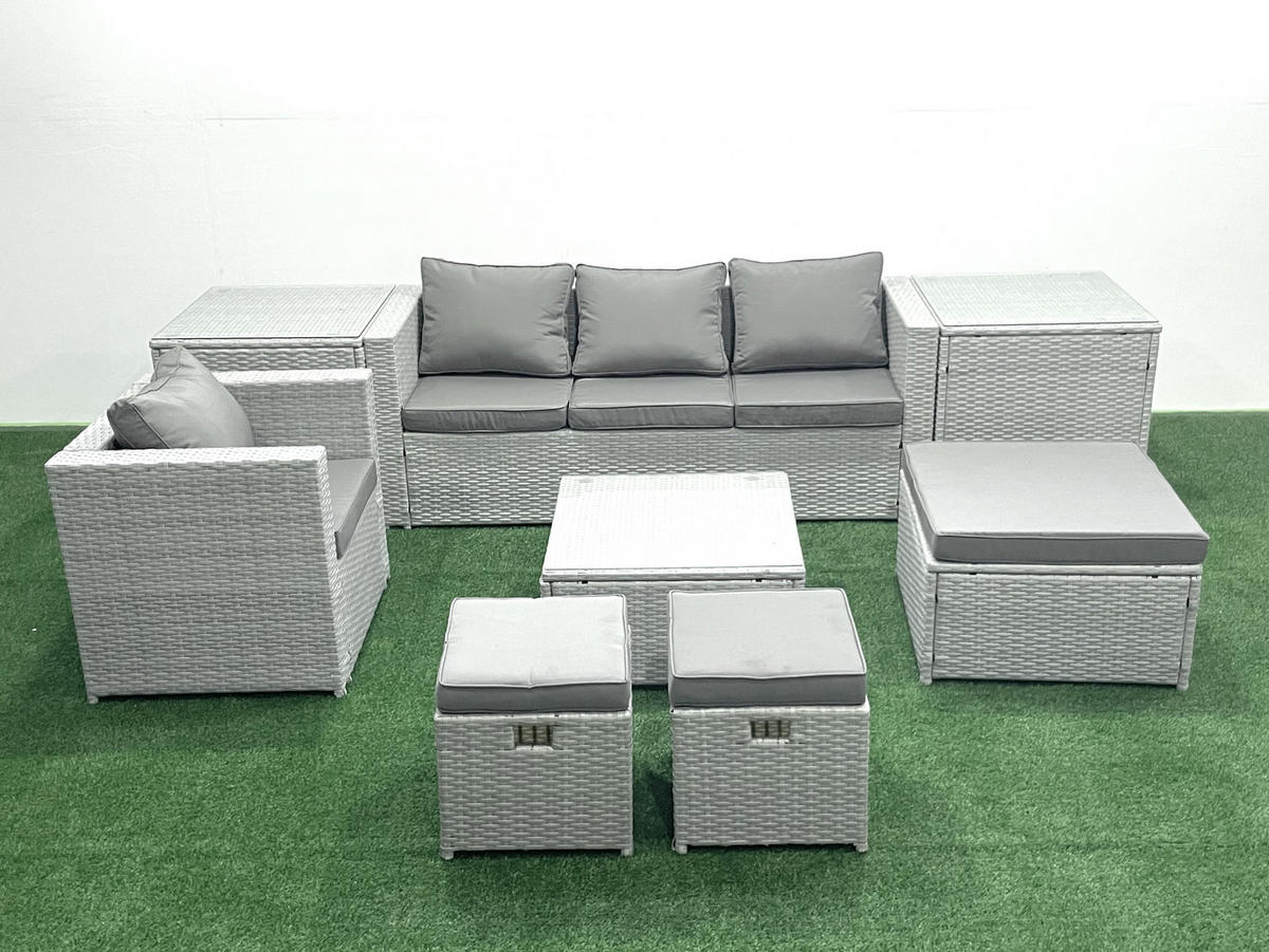 GARTENMÖBELSET mit 3-SITZER SOFA,COUCHTISCH Polyrattan Hellgrau-Mix 6-Sitzer - Hellgrau/Grau, Glas/Kunststoff - Fimous