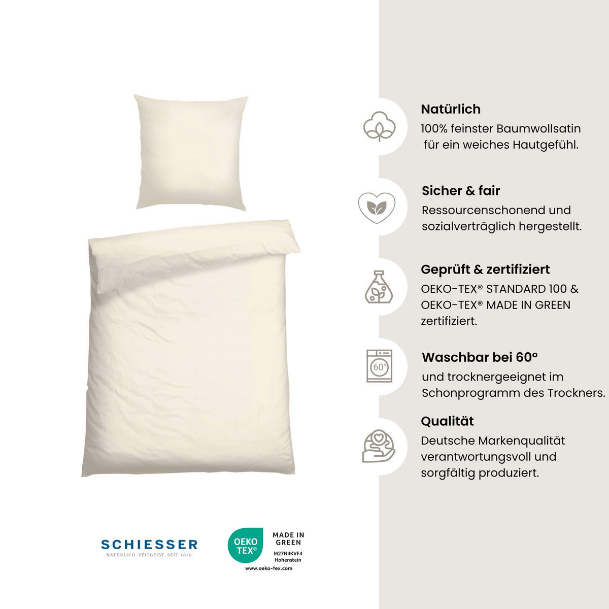 BETTWÄSCHESET Ella - Baumwollsatin - 2-teilig - 155 x 220 cm - Perlmutt - Creme, Textil (155/220cm) - SCHIESSER