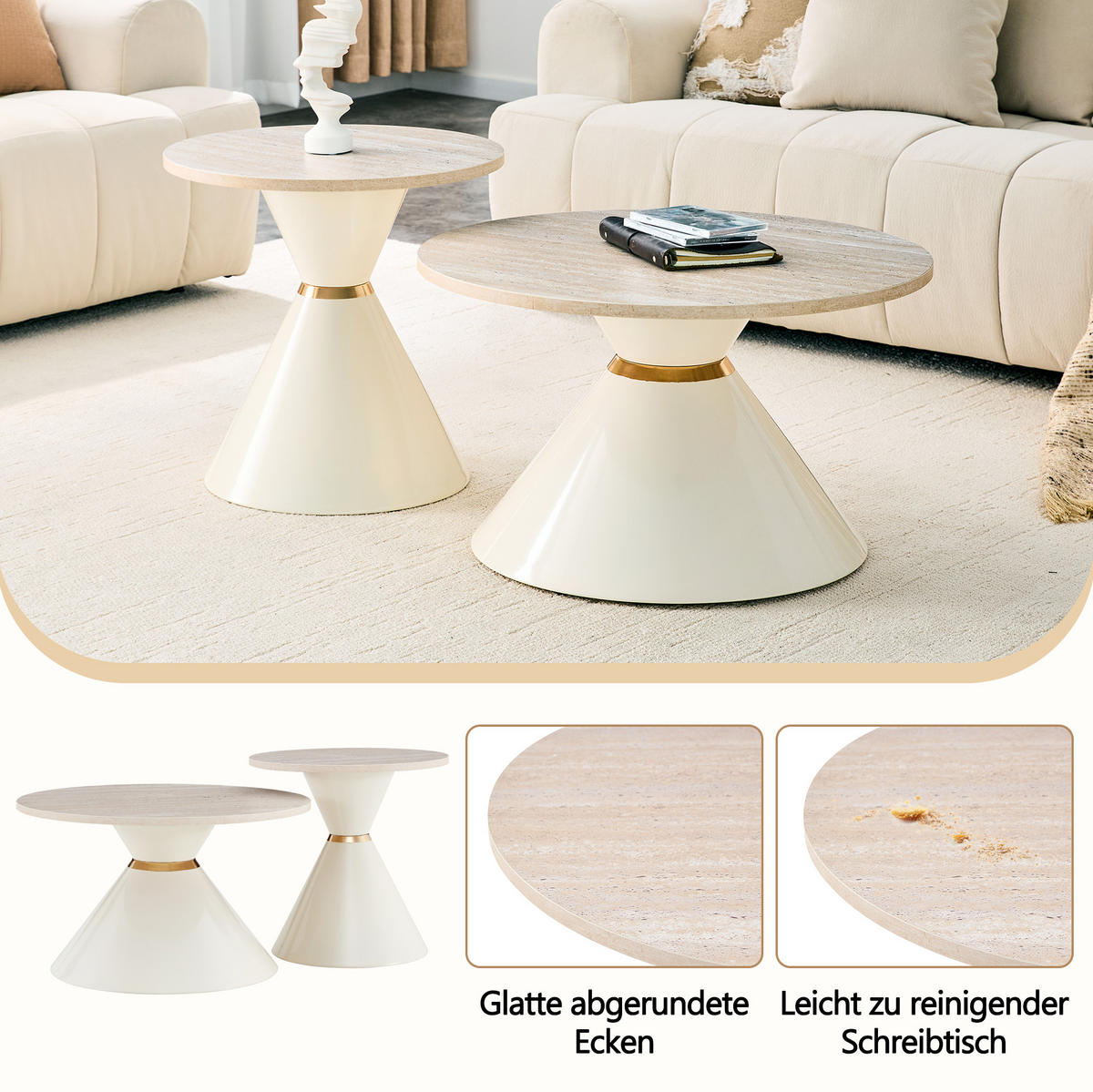 COUCHTISCH-SET 50/50/50,5 cm cremeweiß aus Metall mit Travertin-Optik - Eichefarben, Metall (50/50/50.5cm) - OKWISH